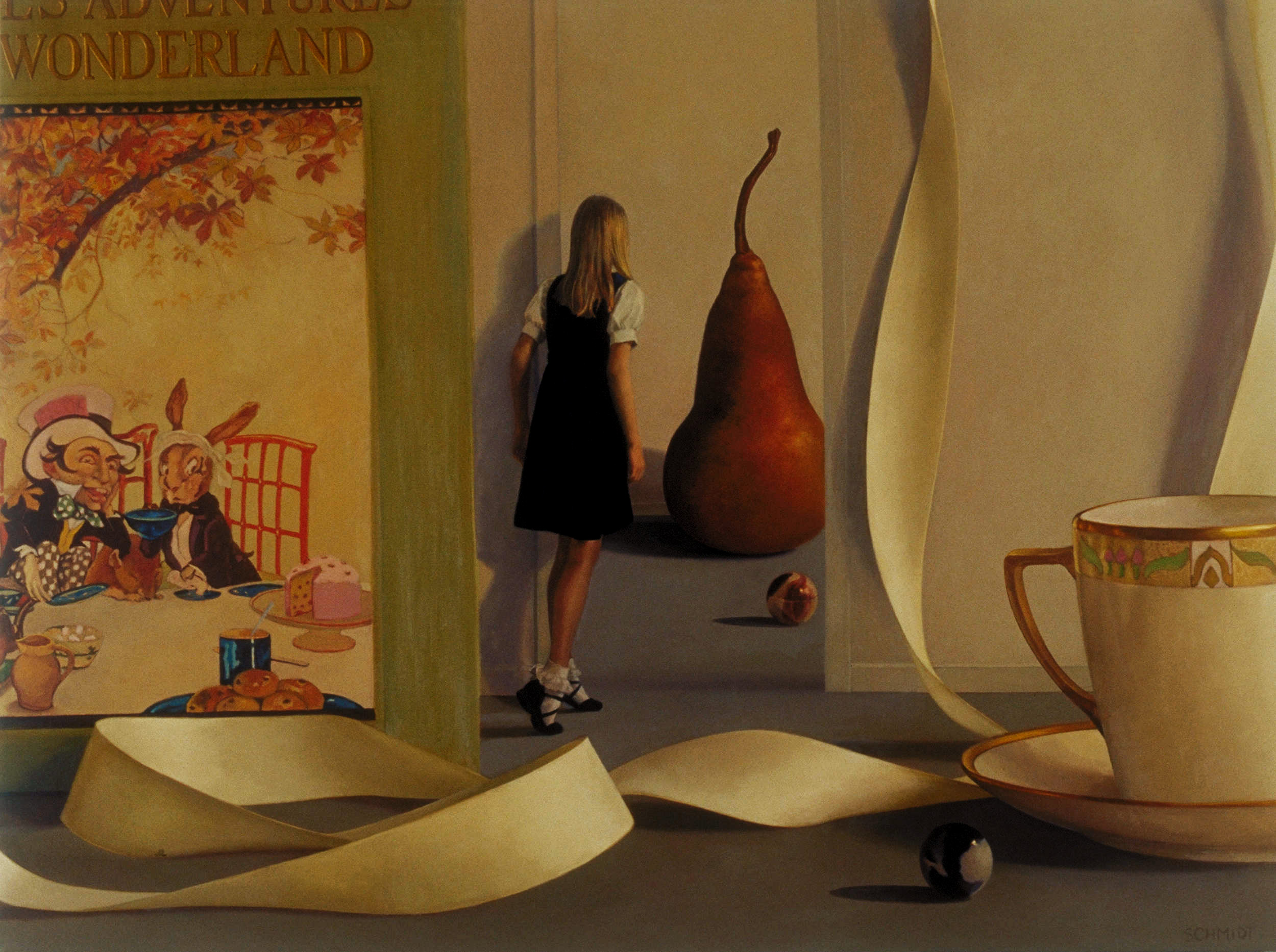 Alice in Wonderland book cover, giant pears, little girl looking into another room through a door, marbles, teacup, ribbon