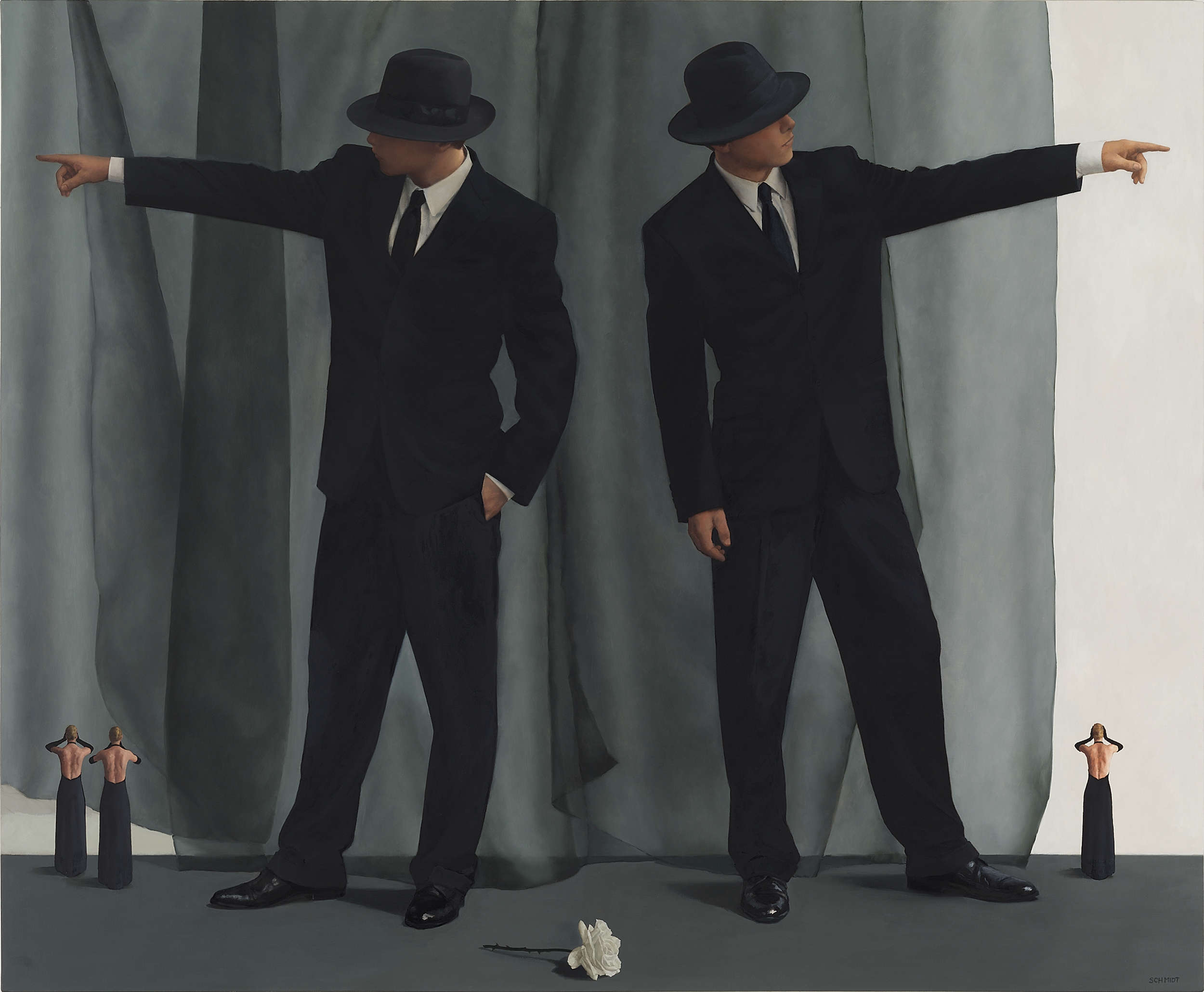 2 male figures wearing suits and fedora hats (both Michael Philip) pointing in opposite directions, 3 small female figures, hear no evil, see no evil, speak no evil