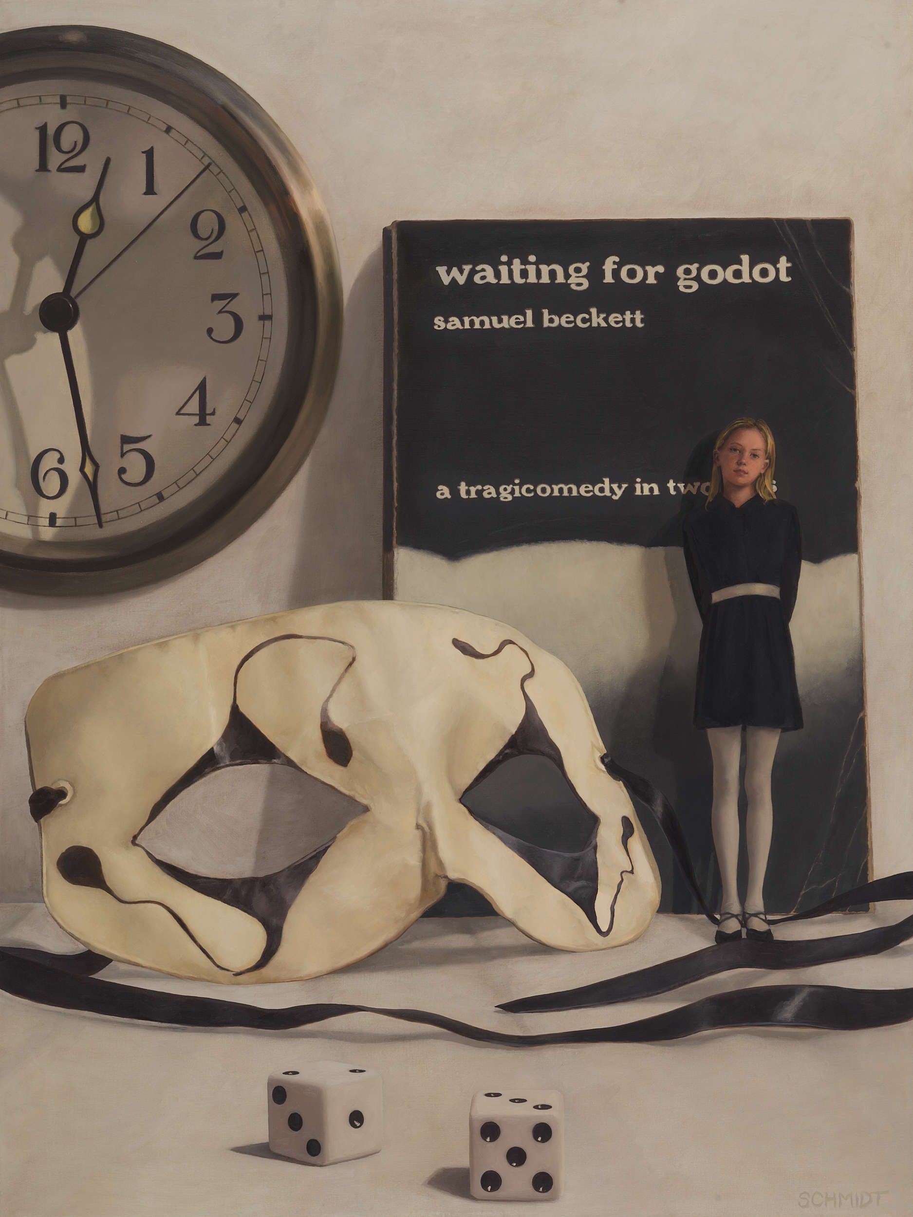 little girl leaning on 'Waiting for Godot' book, clock, theatrical mask, dice