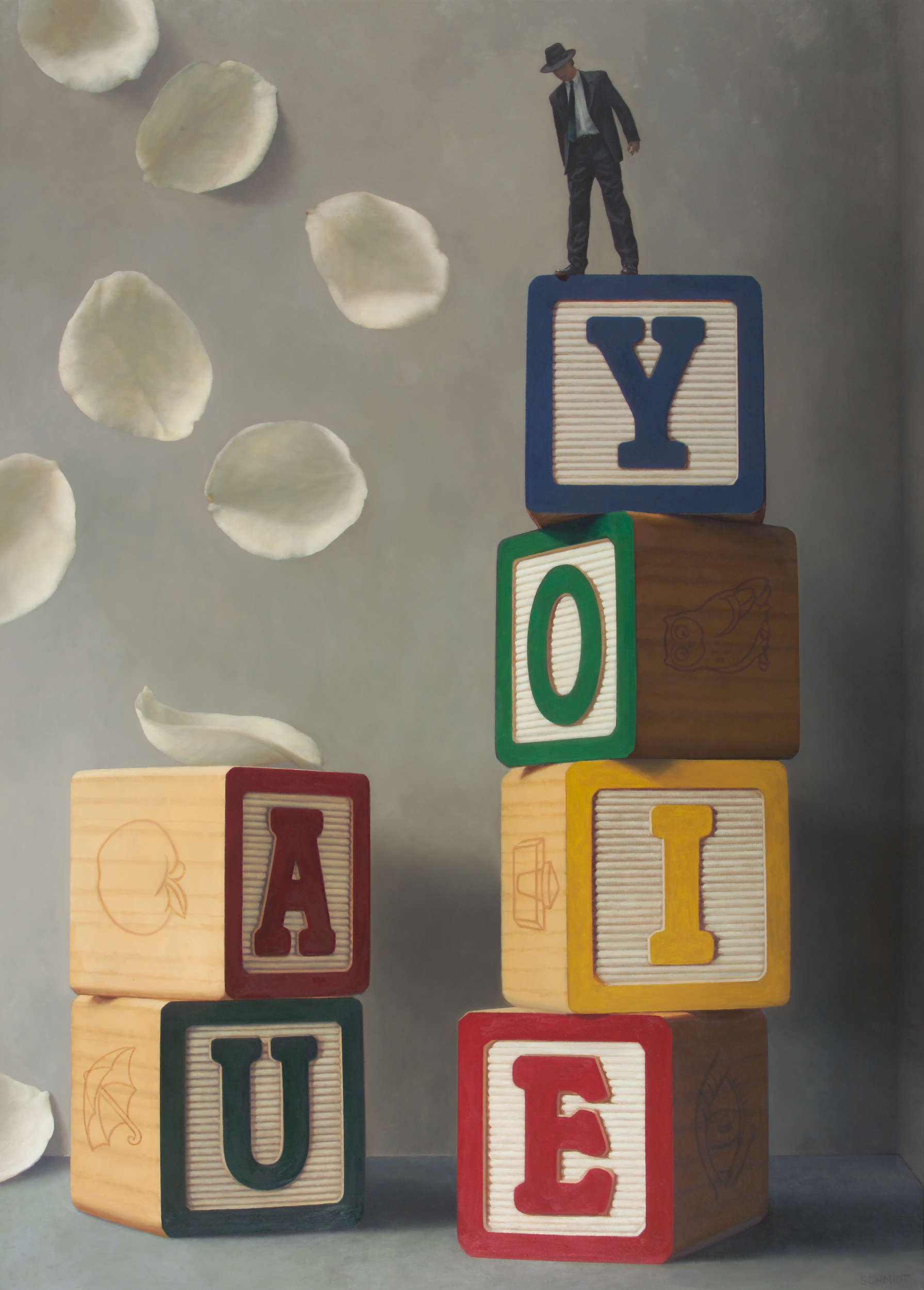 Giant children's blocks, stacked like a tower, a diminutive male figure standing on top, looking down, white rose petals floating down