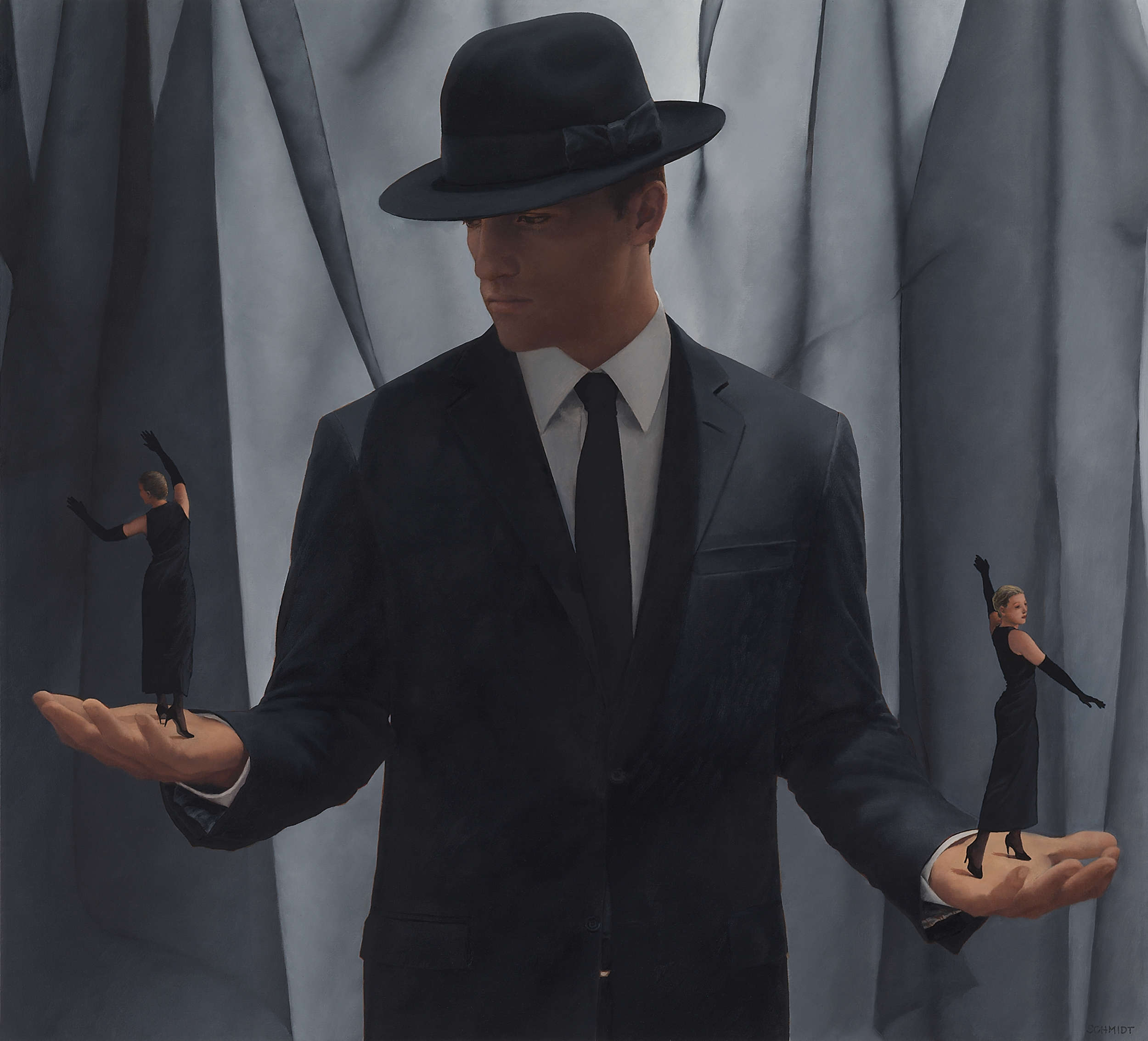 Male figure wearing a suit and fedora hat, holding two diminutive female figures who are dancing in his hands, transparent curtains (veil of fabric) behind, monochromatic