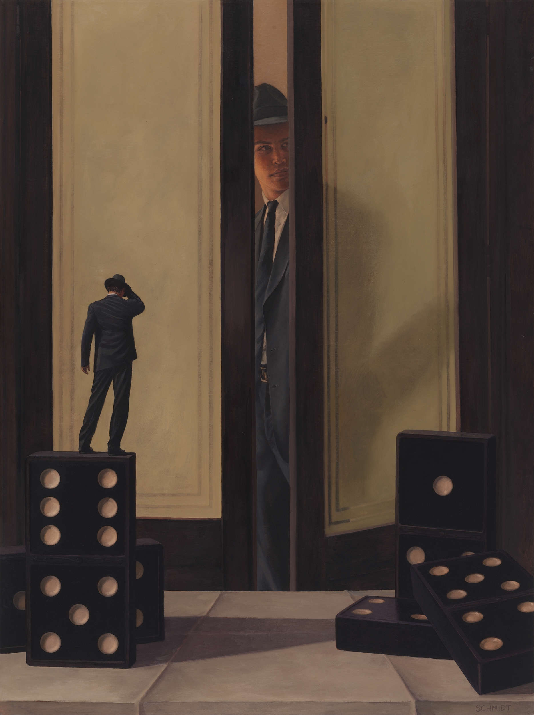 male figure wearing suit and fedora hat, peeking into room, between double doors, dominos, diminutive figure dancing