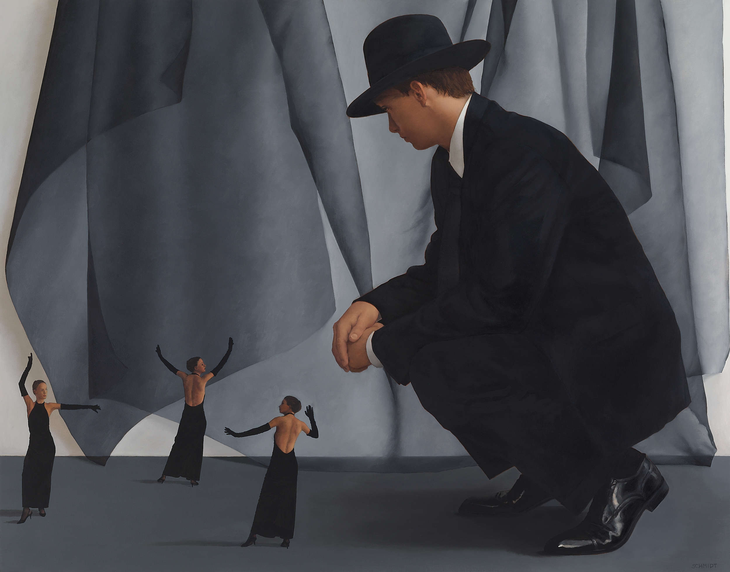 male figure wearing suit and fedora hat crouching and watching 3 diminutive female figures dancing, wearing black evening gloves