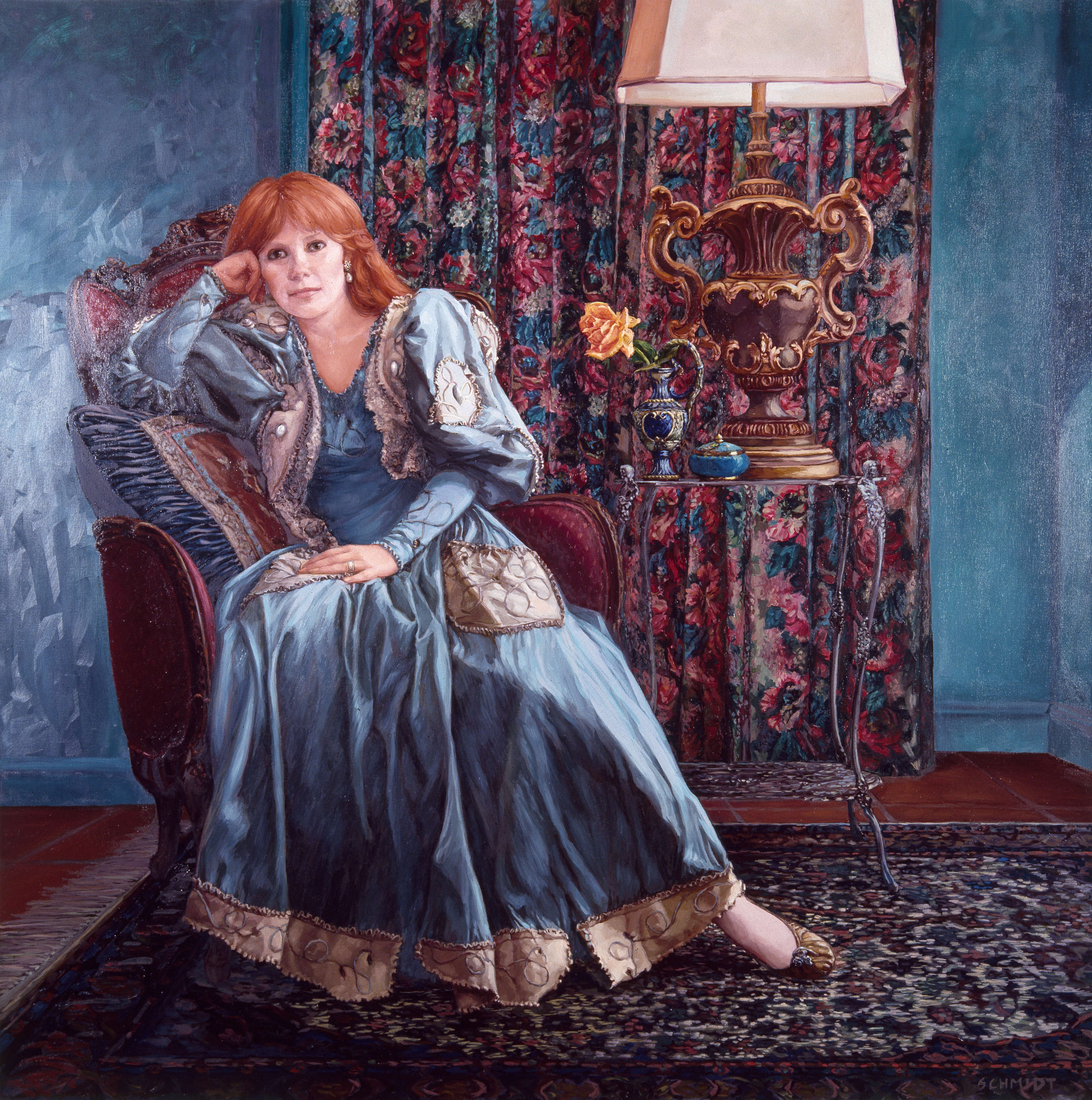 Portrait of Jennifer, blue satin dress, brocade curtains, ballet slippers, antique table , rose in antique vase, lace and silk, blue velvet embroidered throw pillow