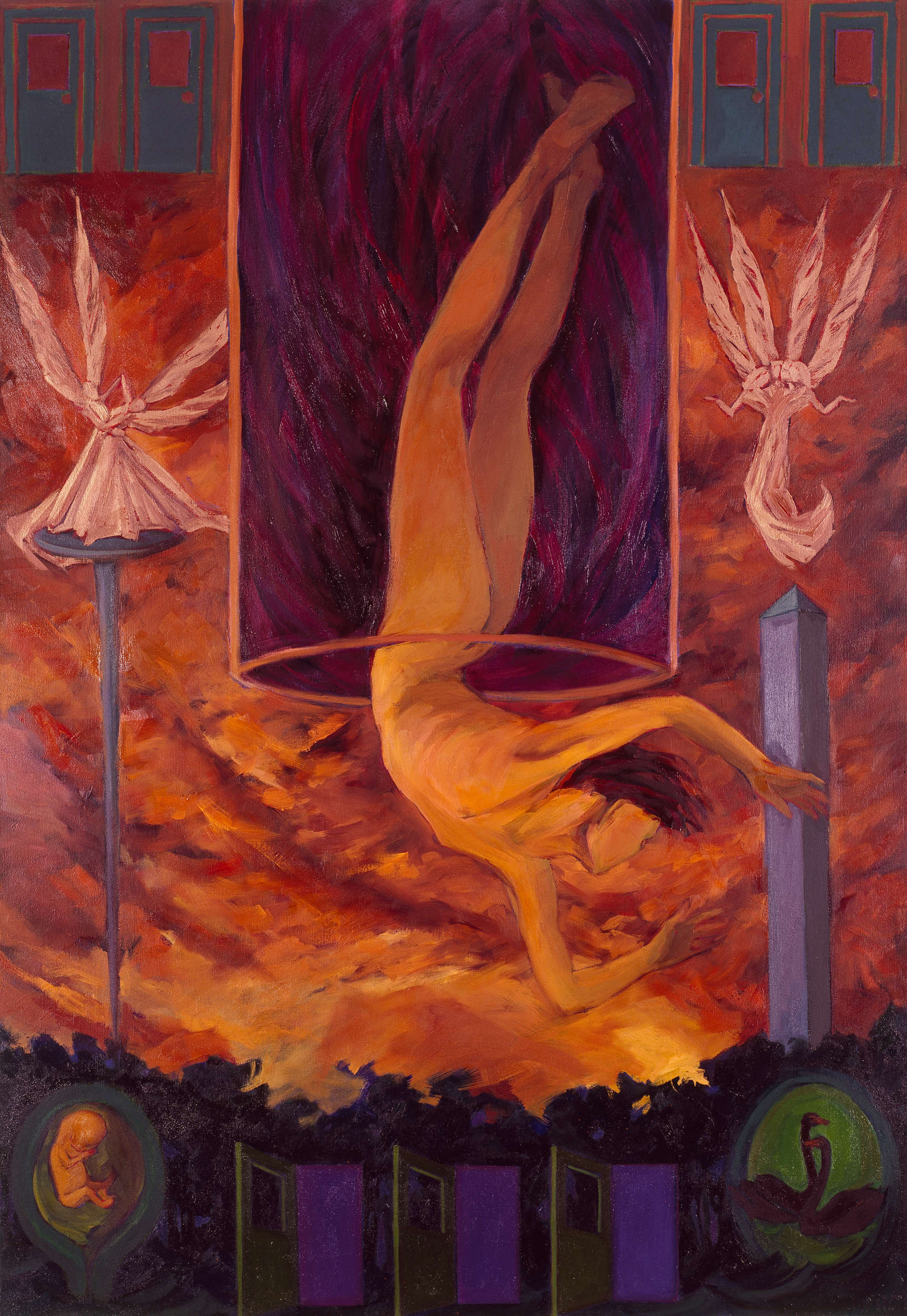 female nude falling out of a glass jar surrounded by angels and sunset sky