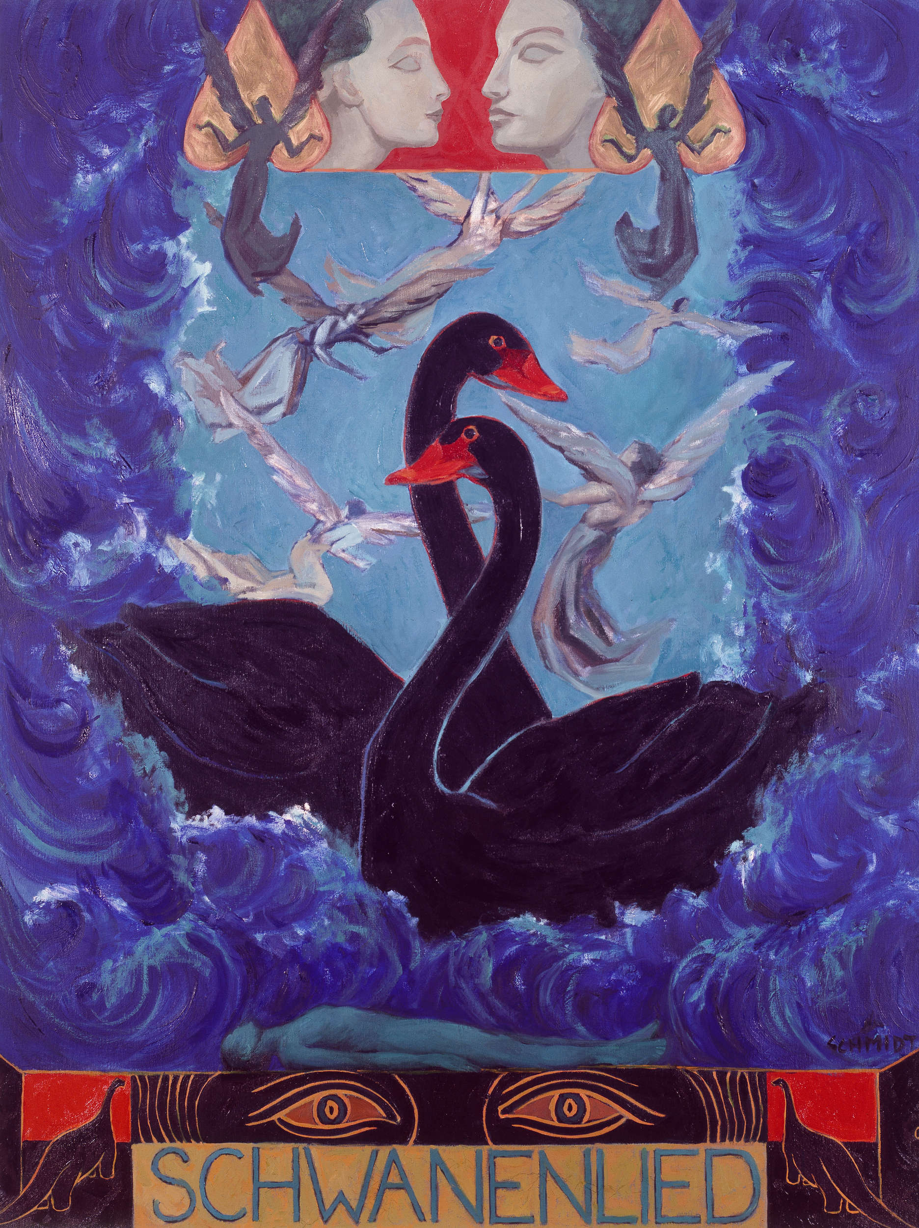 Two black swans surrounded by tumultuous waters upside down hearts, dead female figure