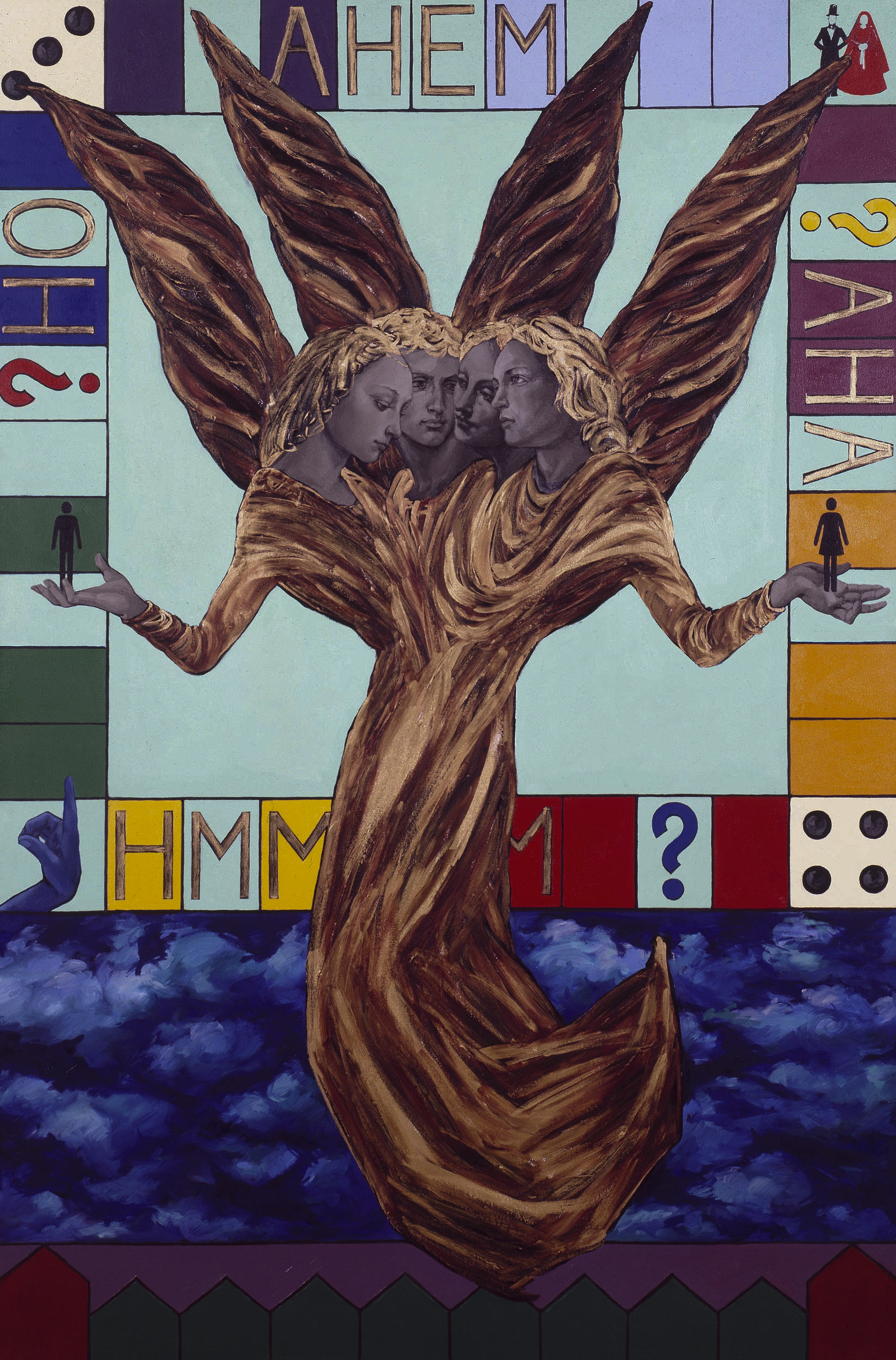 Four headed angel, gold robes, with 4 gold wings floating in front of a monopoly board with question marks and dice blue sky with clouds holding small 'man'  'woman' symbols in their hands