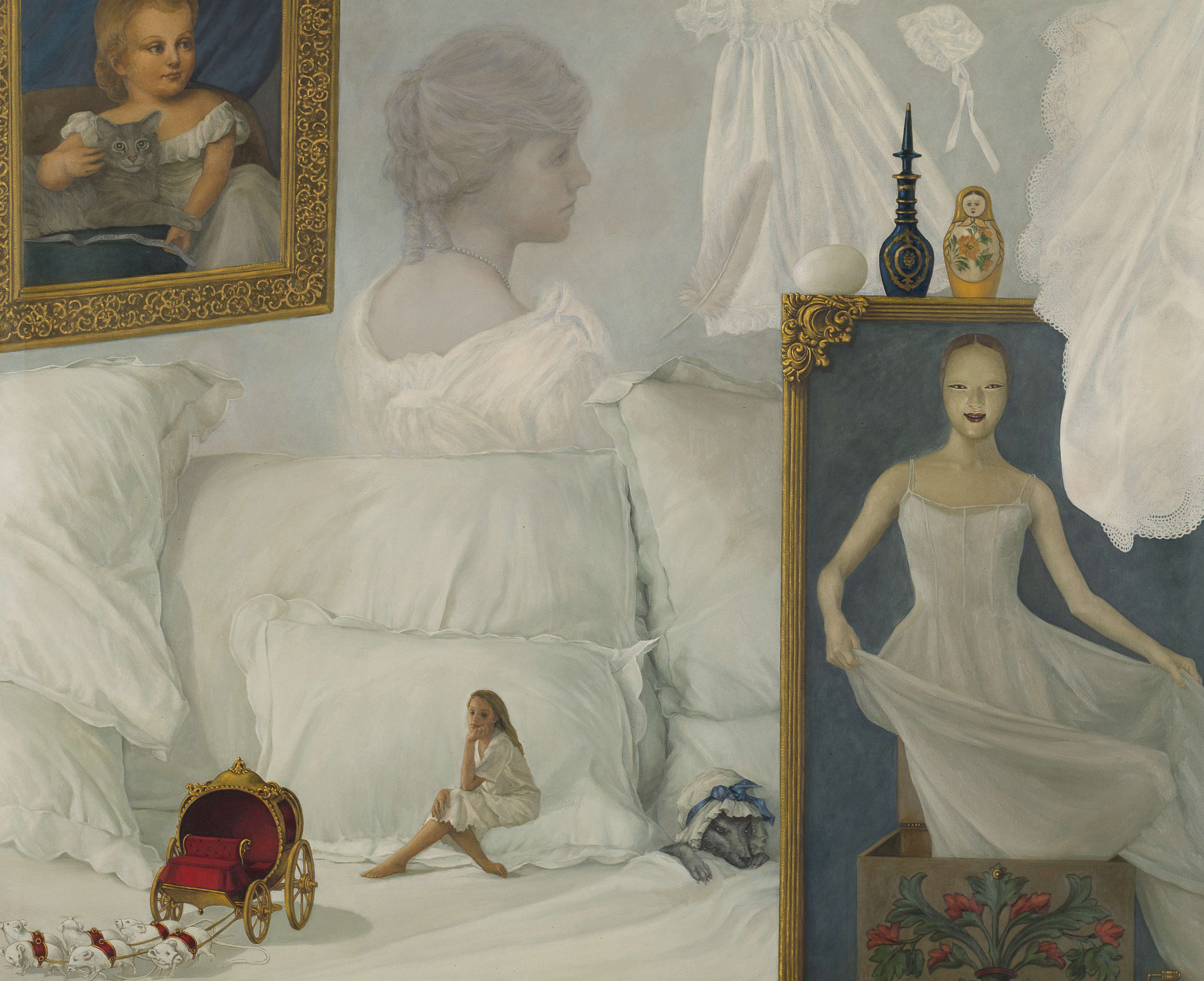 white pillows, white drapery, antique white dress, painting of little girl with a cat in a gold carved frame, Cinderella's coach with white mice pulling it, wolf with sleeping cap under the covers of the bed, Russian doll, 'Jill in a box'