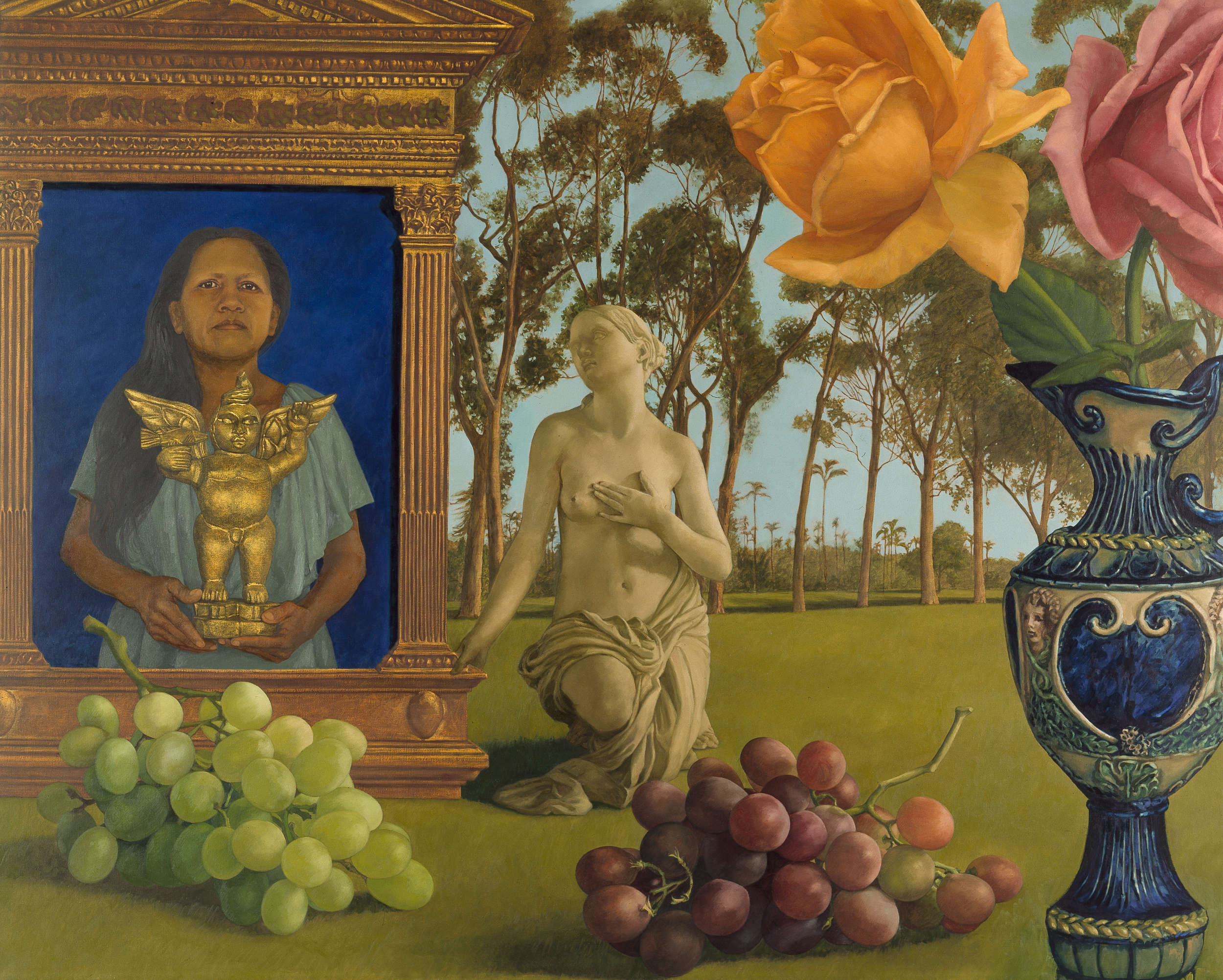 indigenous women holding aztec gold figure, in a gold carved Italian frame, peach and pink roses in ornate blue and white vase, giant grapes, sculpture of woman, trees, landscape