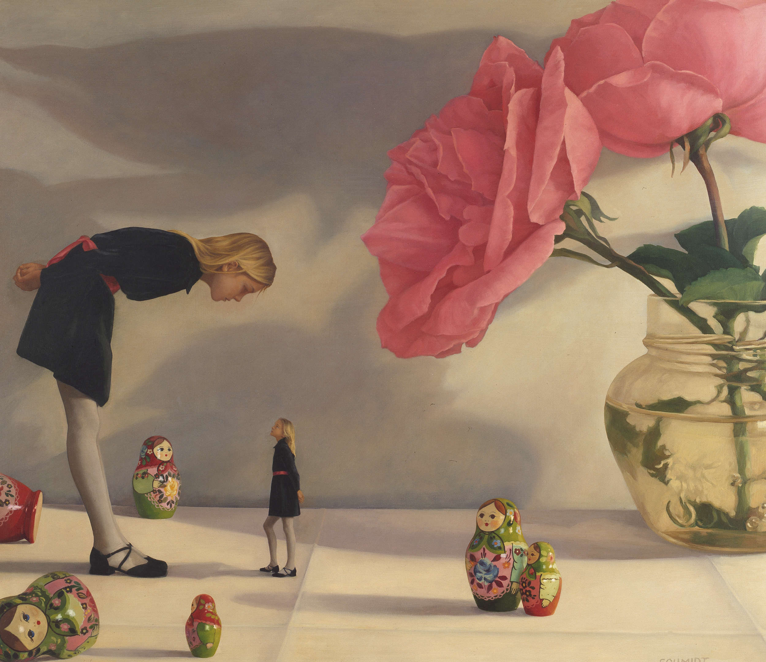 little girl looking at a diminutive version of herself looking back, giant pink roses in clear jelly jar, Russian dolls, shadows on white wall