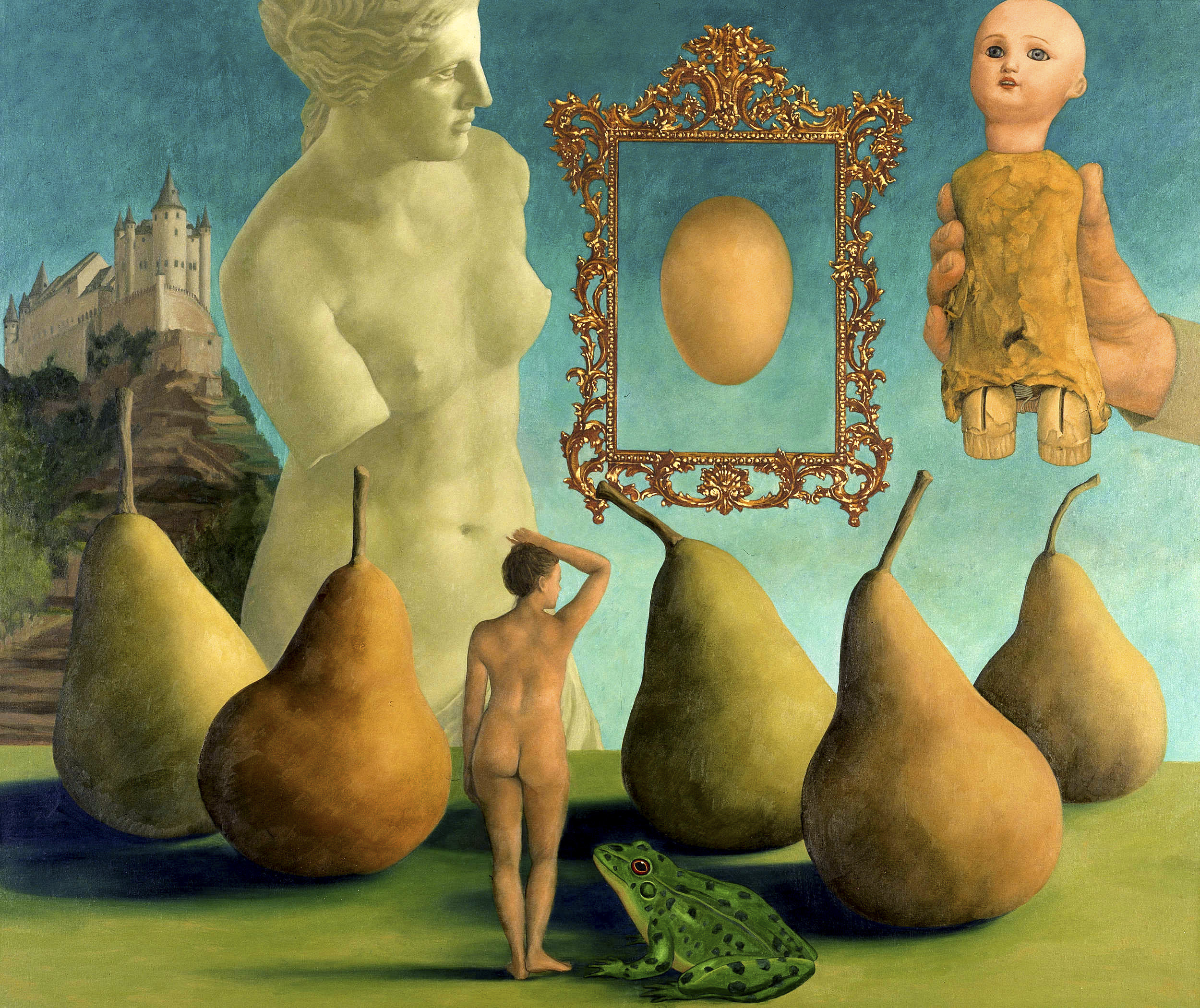 nude female figure, frog, giant gold pears, gold carved frame floating on sky, golden egg, castle, giant sculpture of a woman, giant doll 