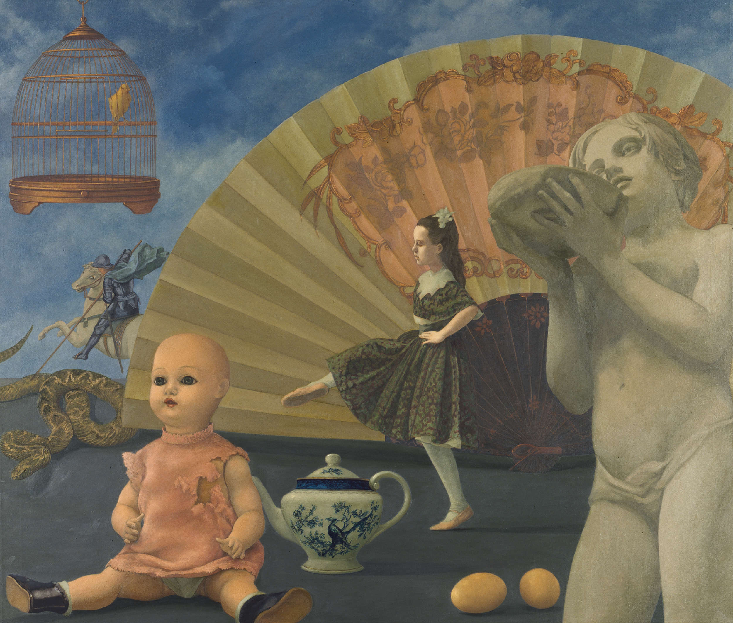 giant doll, little girl dancing,oriental fan,knight riding a white horse, serpent,bird in a gilded cage,statue of a boy, eggs, teapot, sky
