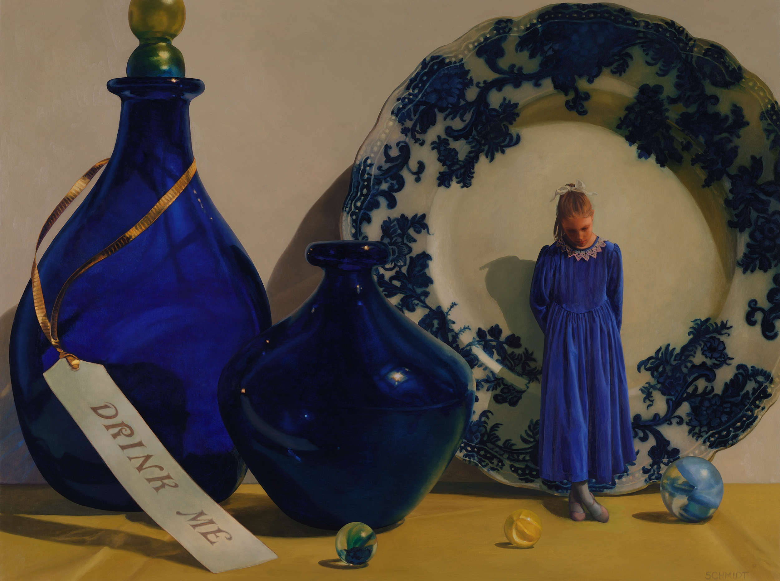 giant flow blue porcelain plate, little girl dressed in blue velvet, giant cobalt blue glass vases, a label that says 'Drink Me', marbles