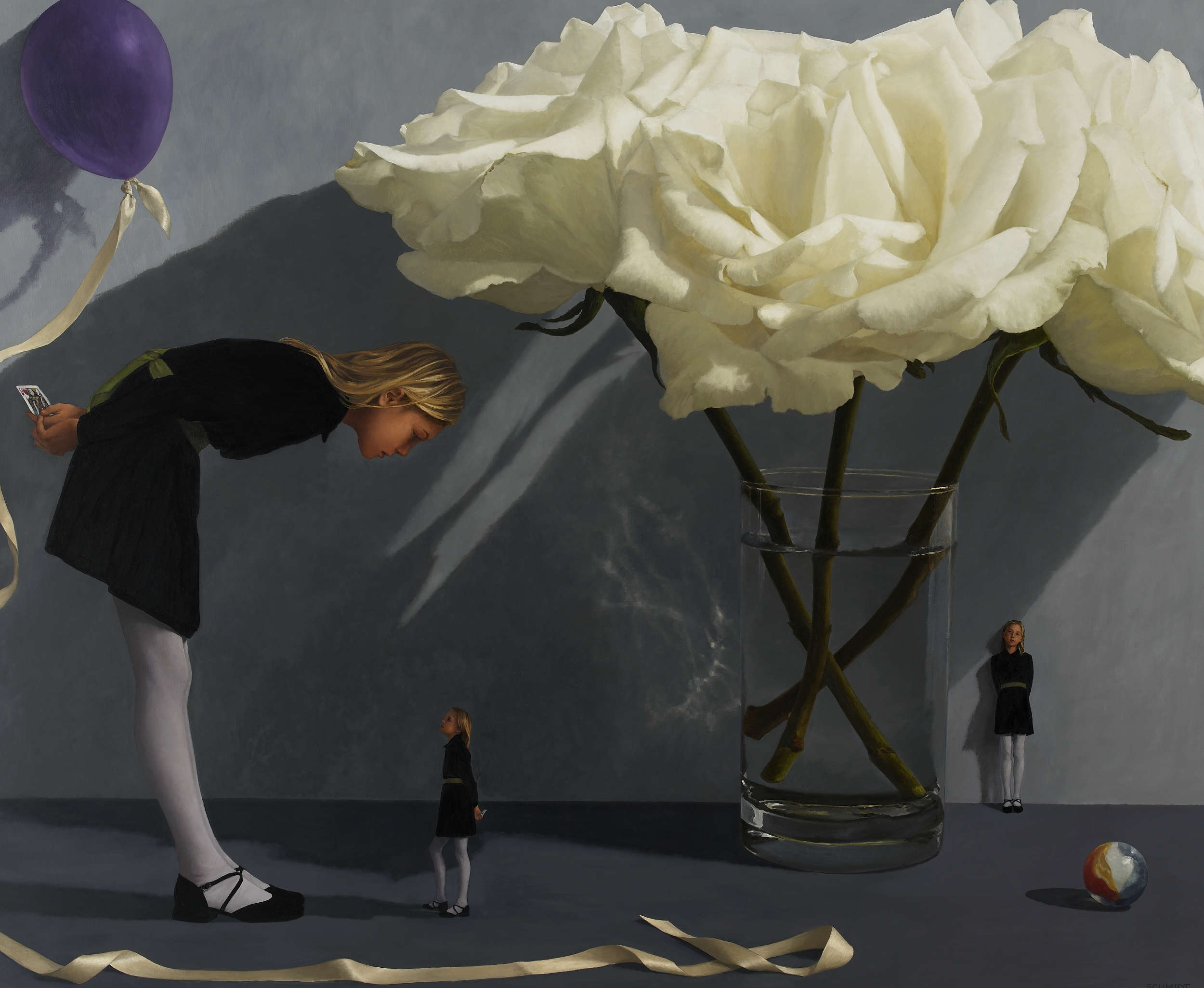 female child (Sophie) giant white roses, balloon, 2  diminutive figures, shadows on the wall