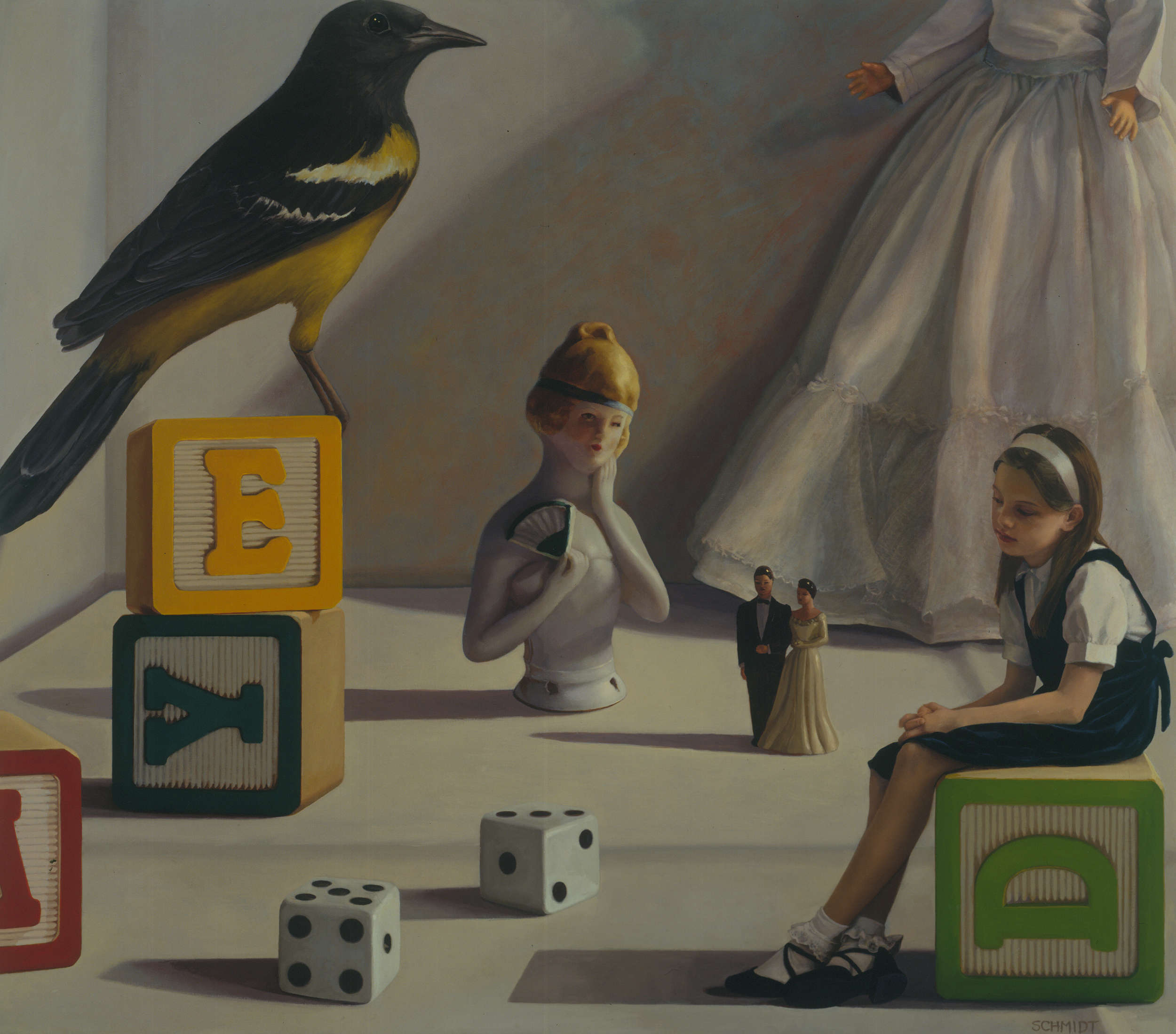 little girl sitting on a giant children's block, giant doll, shadow on wall, enormous black and yellow bird, large porcelain bust of woman, dice