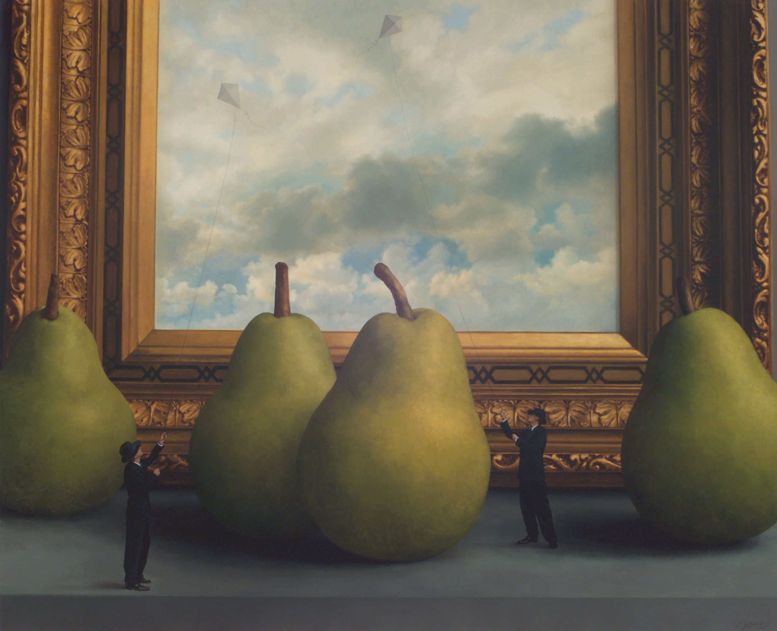 Giant gold carved frame, giant green pears, stormy sky inside frame, diminutive male figures wearing black suits and fedora hats flying kites