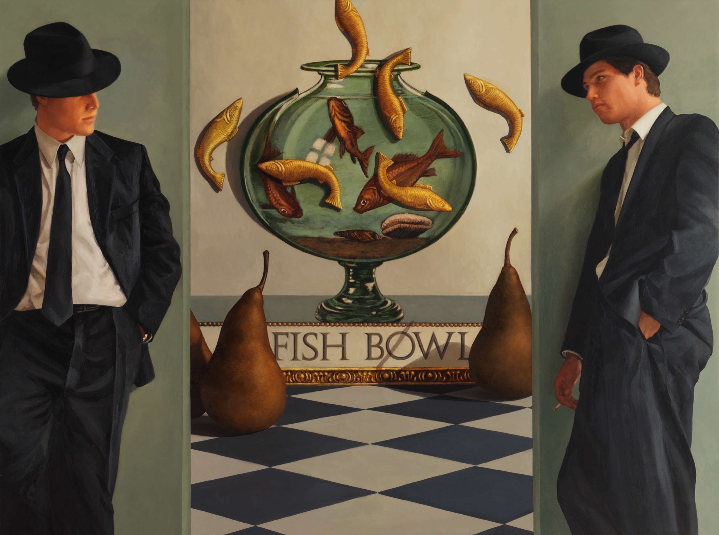 vintage ball in the hole game, 2 male figures, leaning on wall, wearing suits and fedora hats, giant gold pears