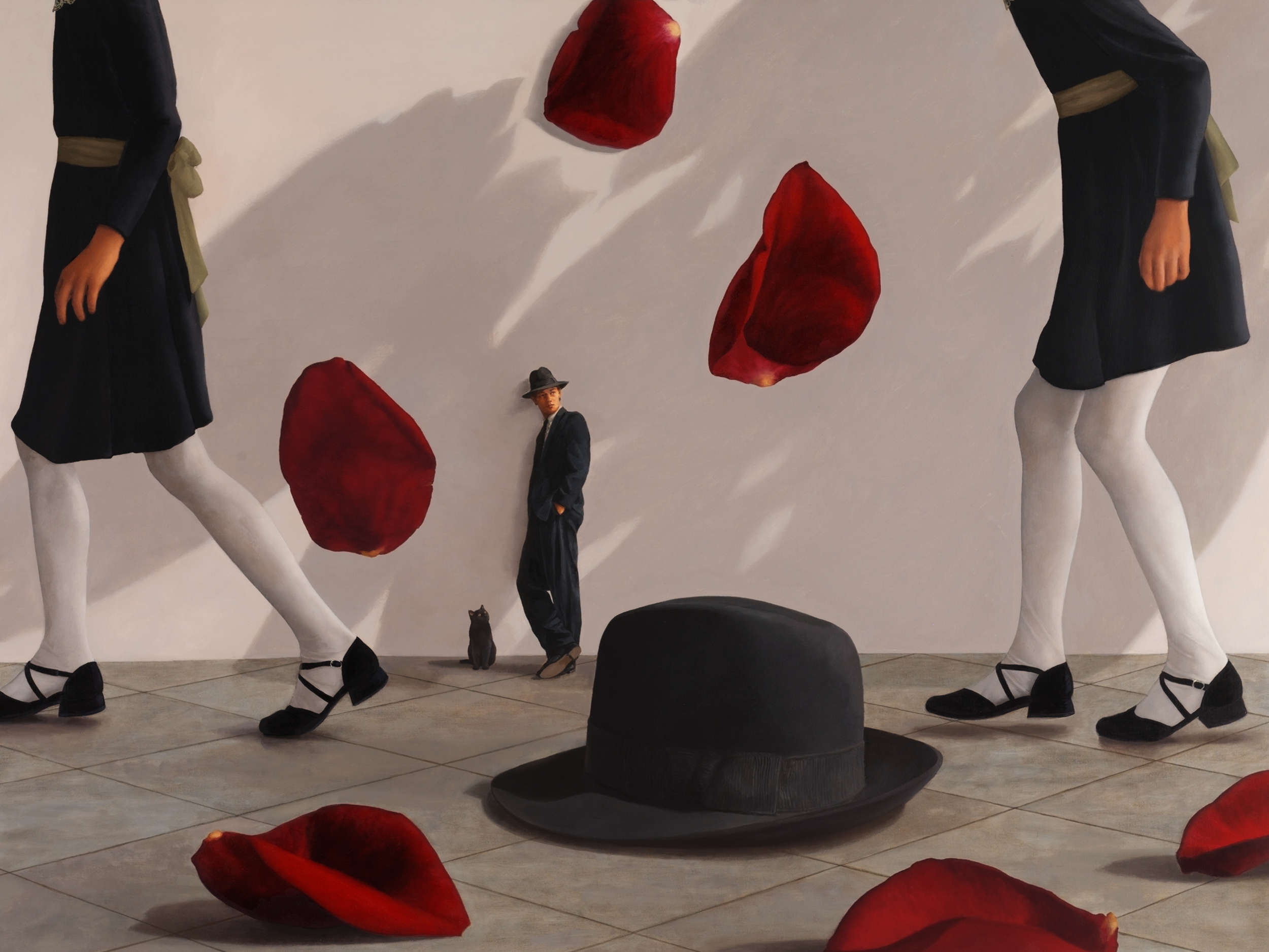 2 little girls tiptoeing, a giant fedora hat, diminutive male figure wearing suit and fedora hat leaning on wall, shadows from roses, red rose petals falling and fallen, black cat