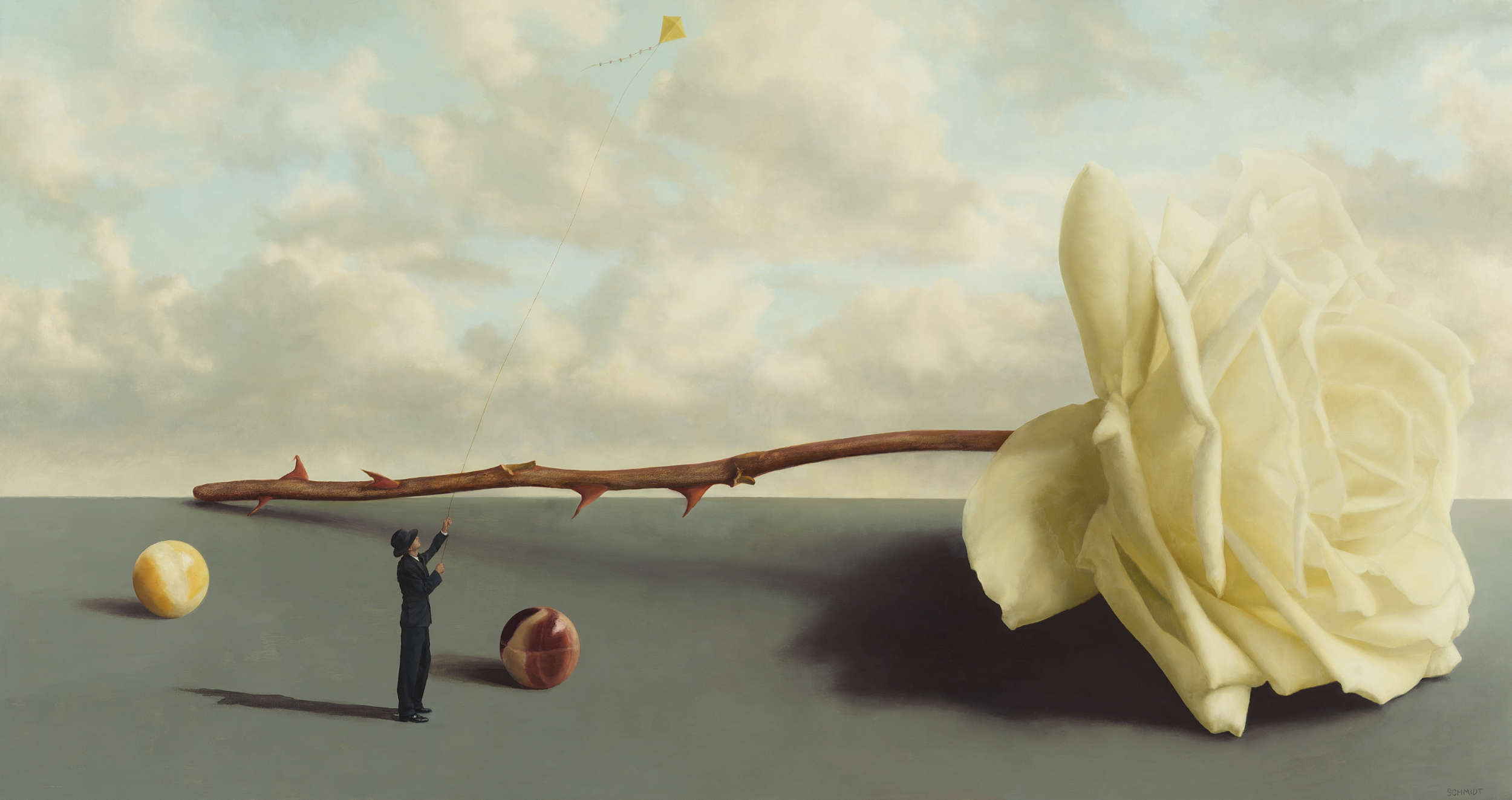 giant white rose, lying down, diminutive male figure wearing black suit and fedora hat, flying a kite in the stormy sky behind the rose, giant marble