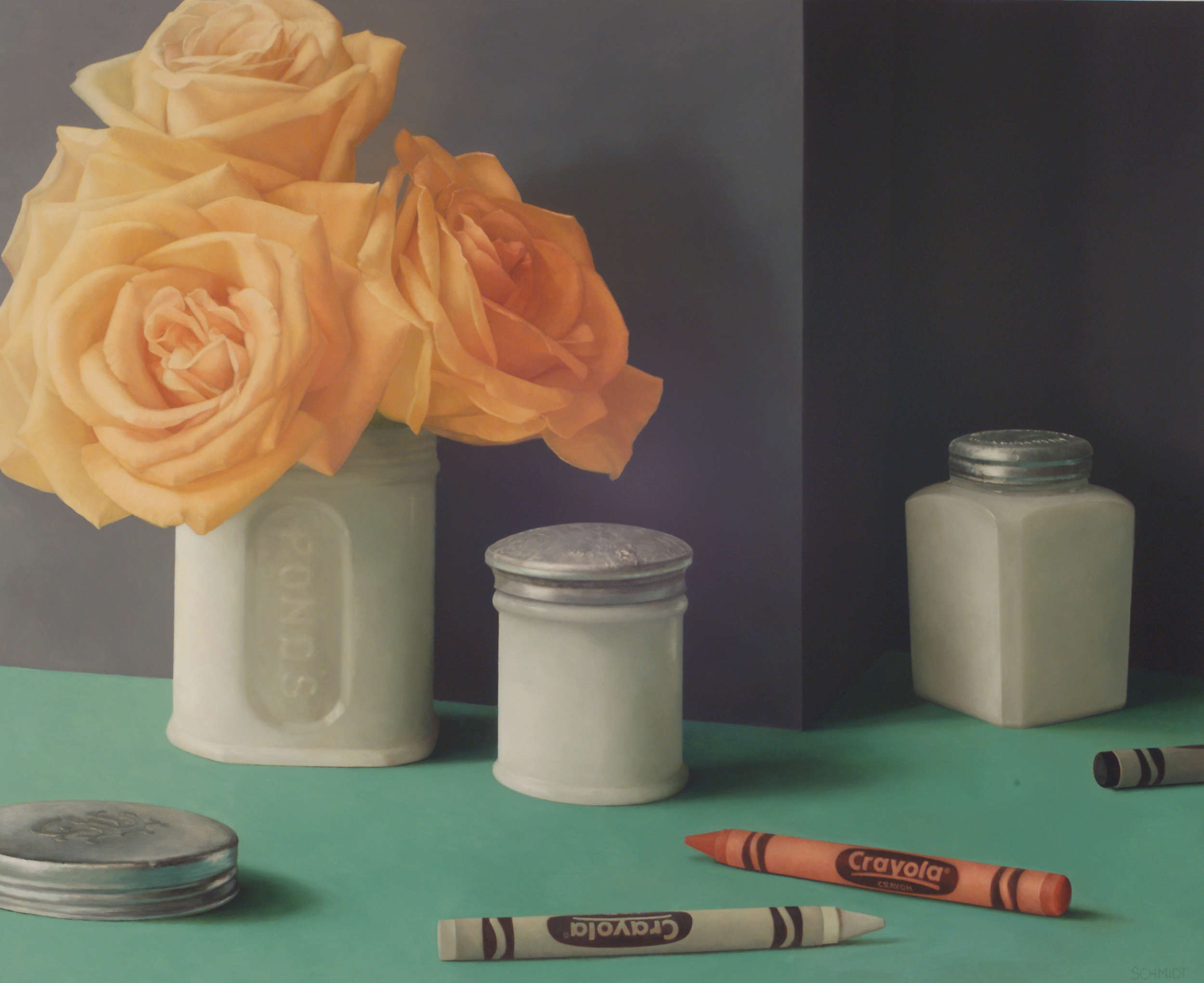 Antique milk glass pond's cold cream jar, 2 other white glass jars with tin lids, tin lid on floor, crayola crayons, giant orange roses