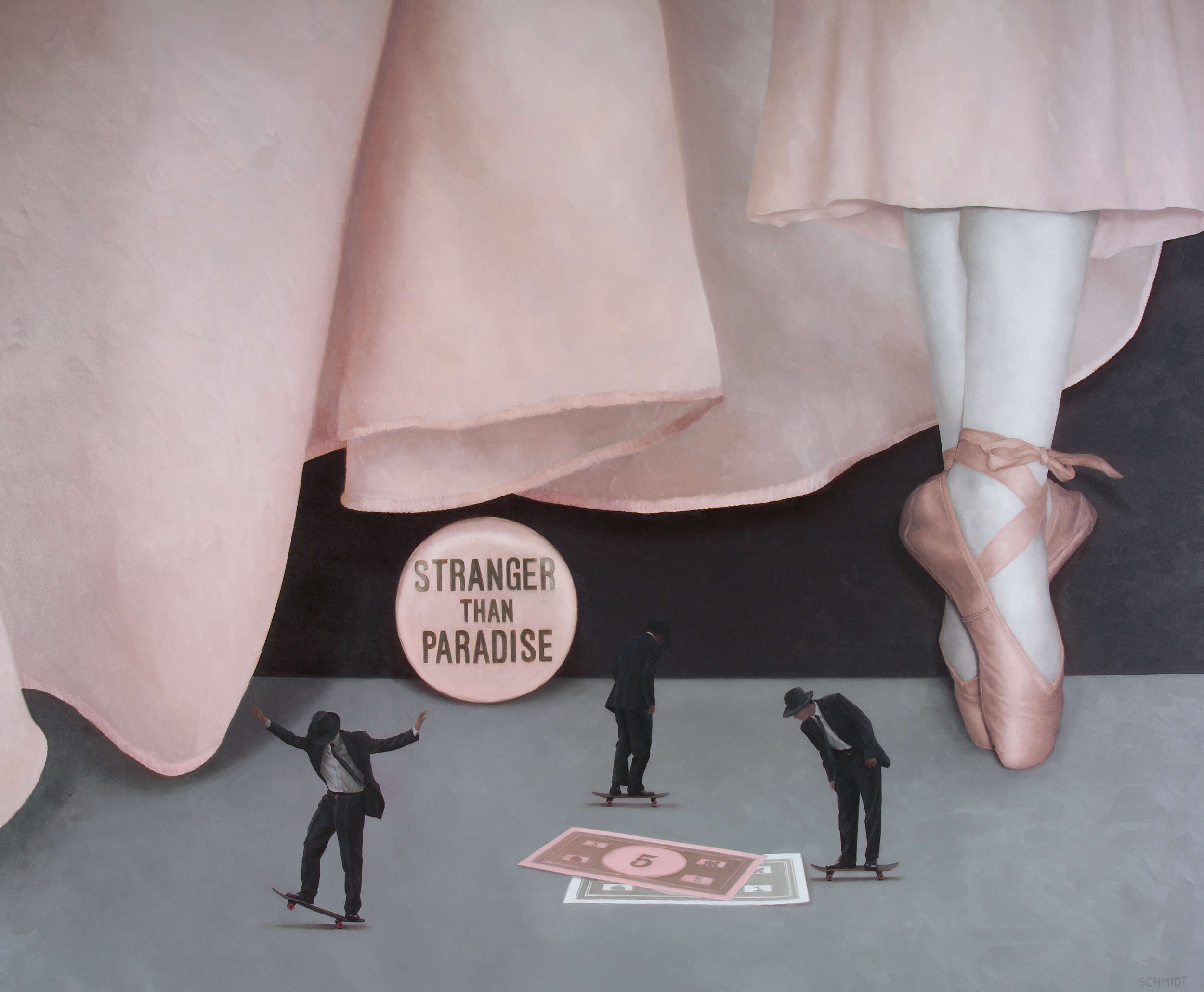 Stranger than paradise pink movie button, pink transparent fabric, black wall, giant pink toe shoes on point, monopoly game money, 3 diminutive men wearing suits and fedoras skateboarding (all Michael Philip)