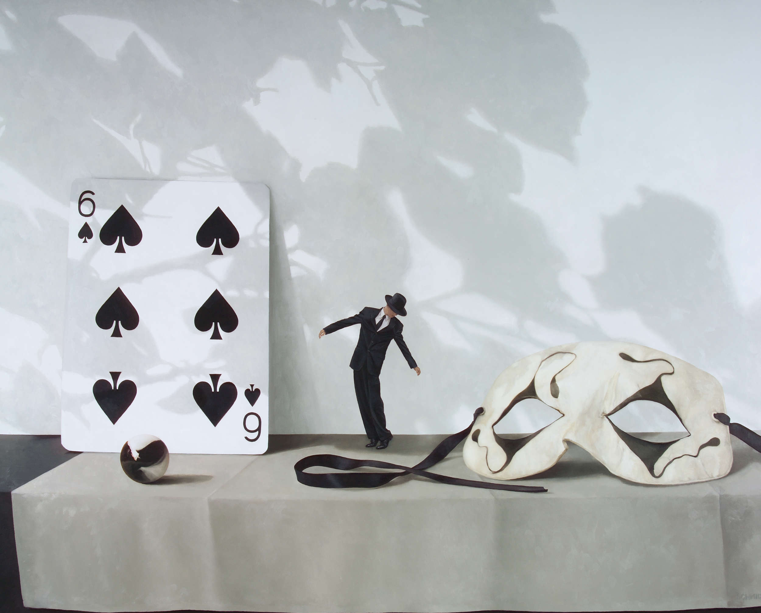 giant playing card 6 of spades, diminutive male figure wearing suit and fedora hat dancing, giant theatrical mask