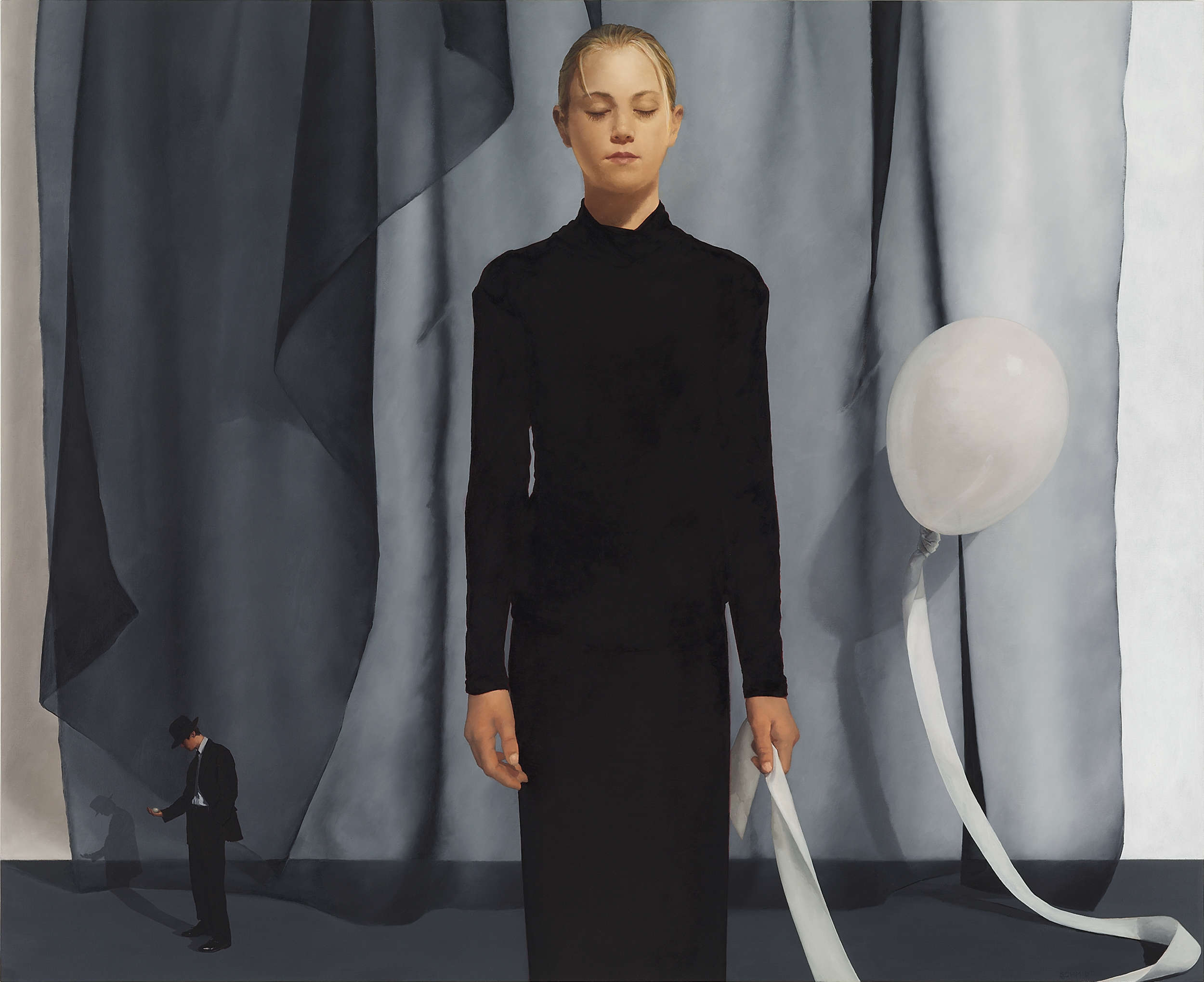 female figure wearing black velvet, facing forward with eyes closed, holding a white ribbon attached to a white balloon, diminutive male figure wearing black suit and fedora hat, transparent fabric behind, monochromatic