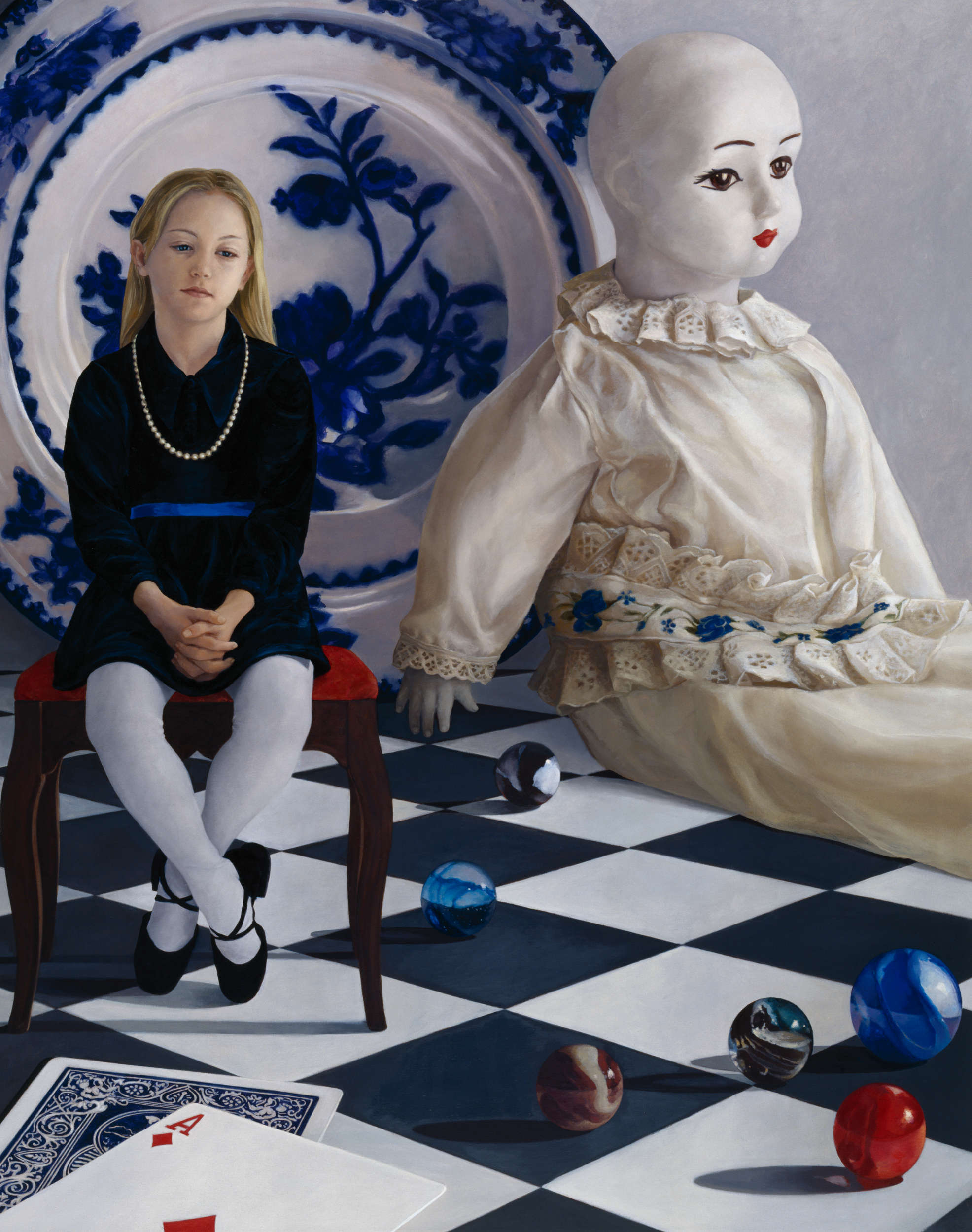 little girl sitting on a bench, giant doll, marbles, giant flow blue porcelain plate, ace of diamonds