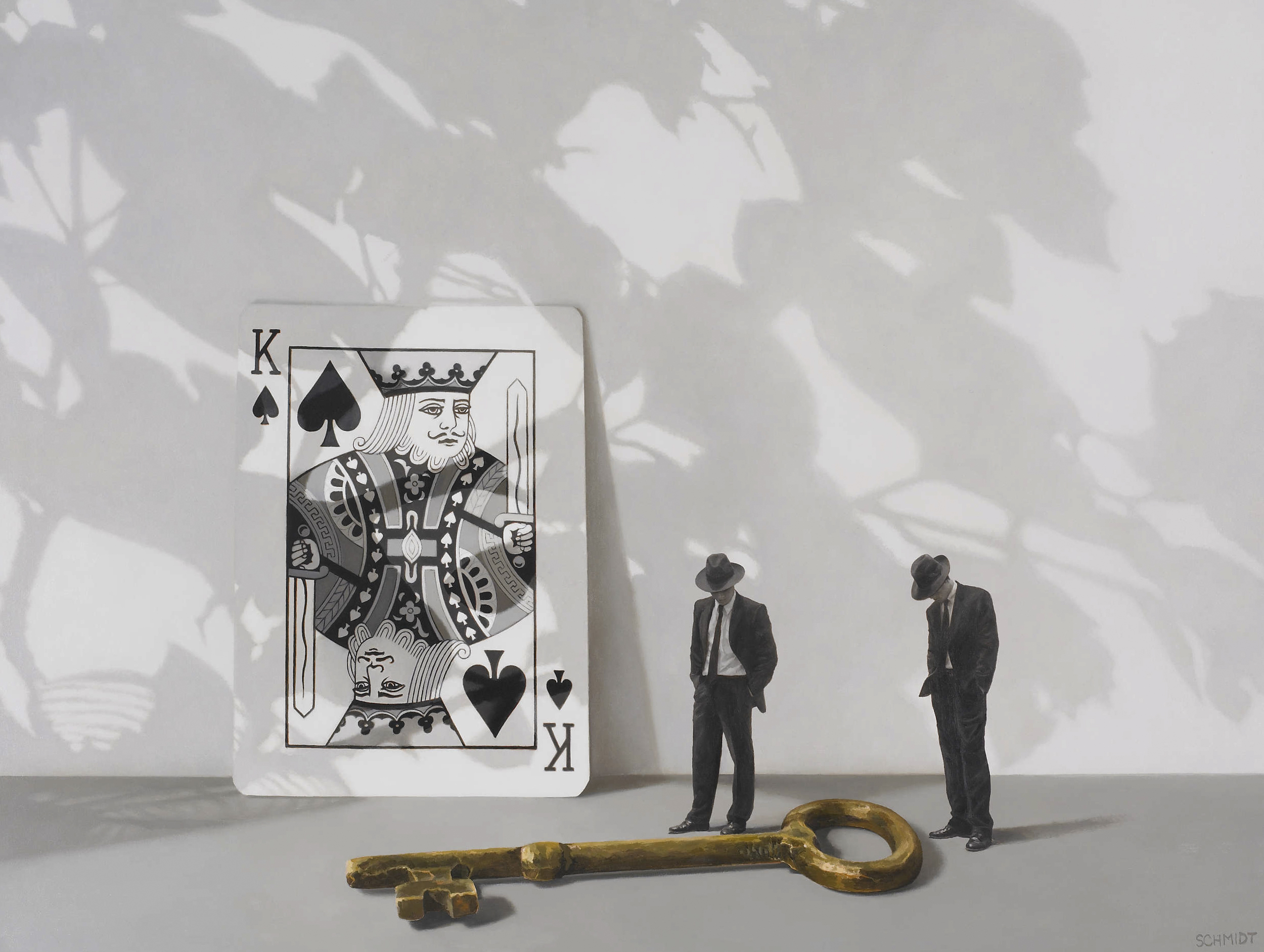 playing card ,king of hearts, giant brass key, detectives ( diminutive men in suits) wearing fedora hats , shadow on the wall cast by unseen flowers ,only the key is in color, the rest in black and white