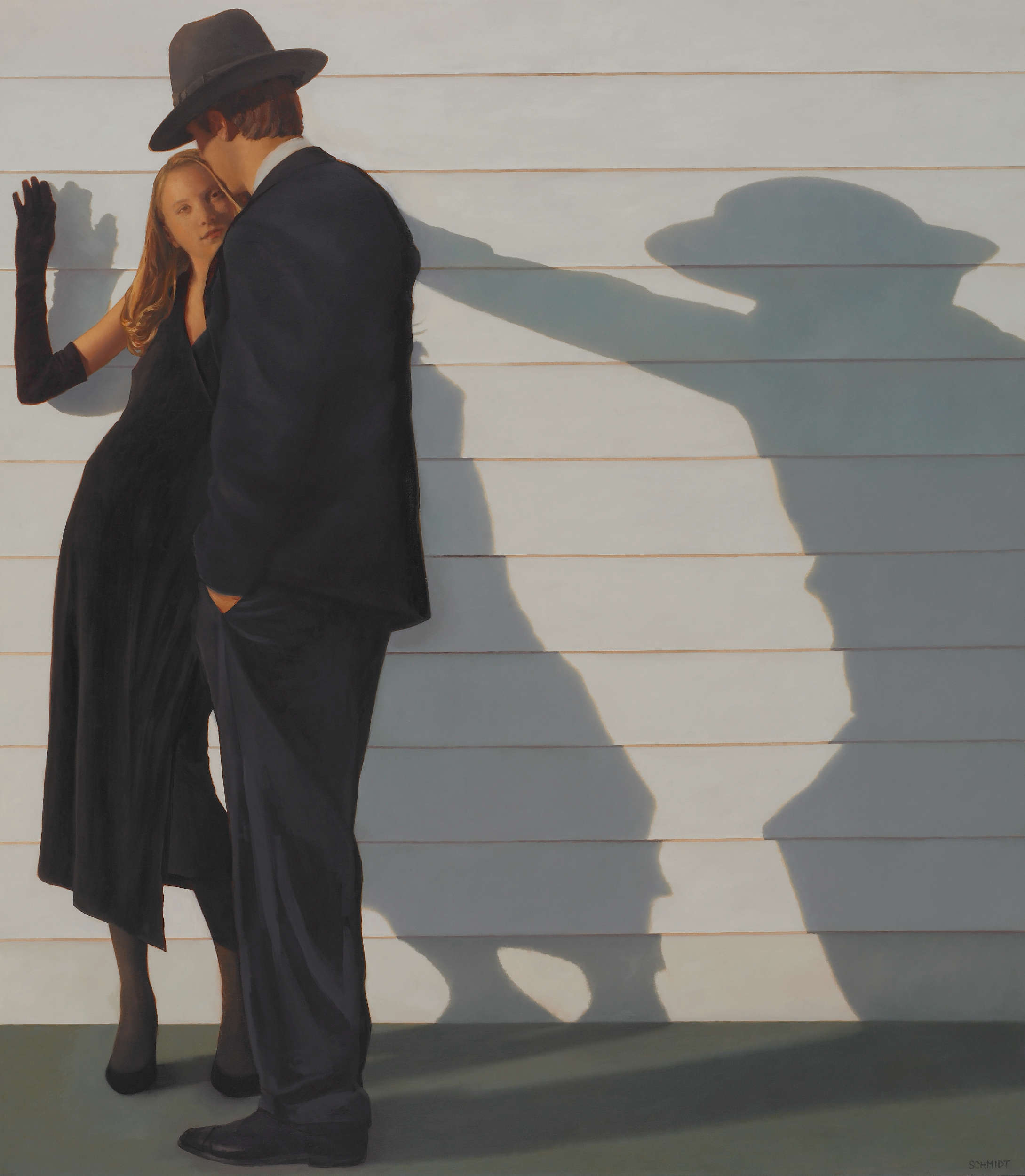 figures (male and female) fedora hat, suit, long black evening gloves, shadow on wall (Sophie and Christopher)