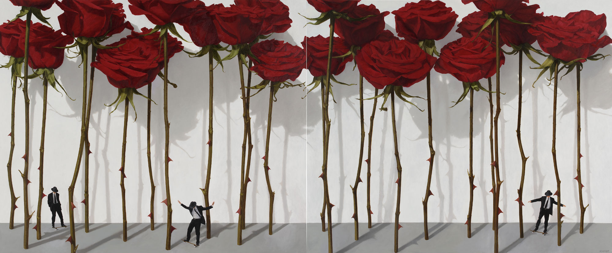 24 standing red roses white wall with shadows, diminutive male figures wearing suits and fedora hats skateboarding