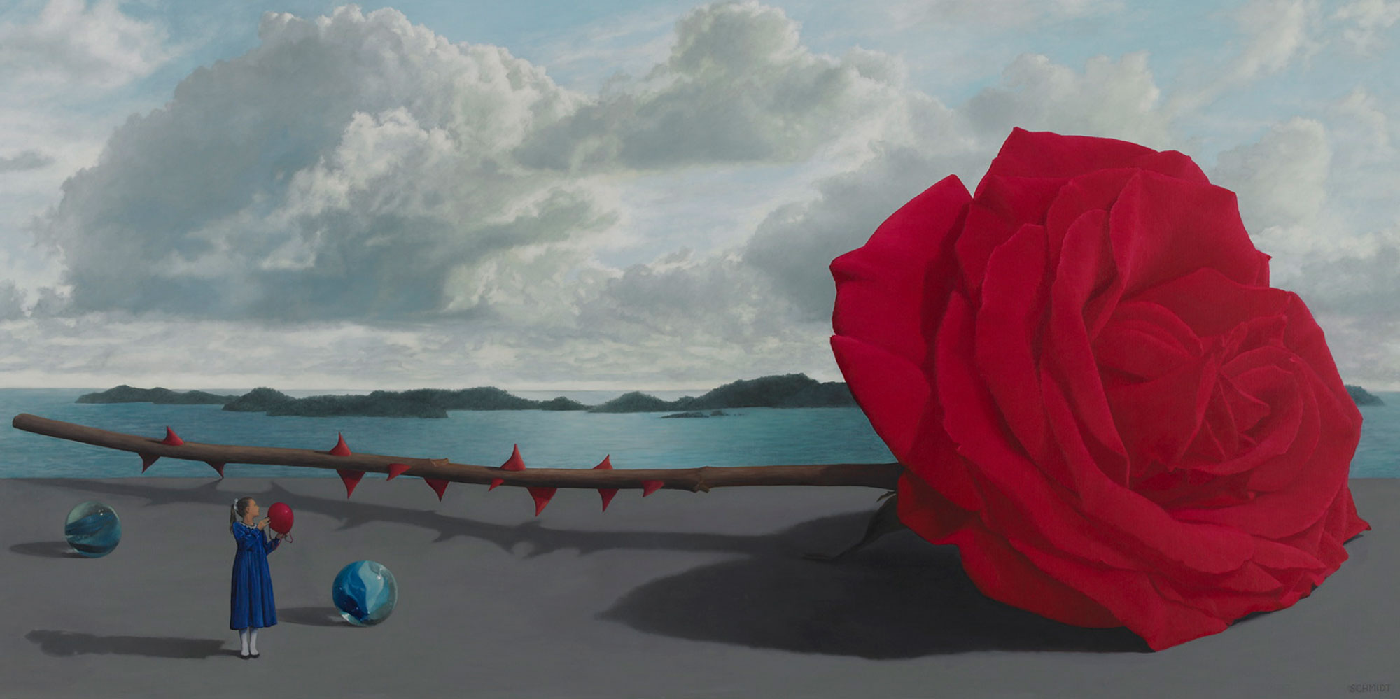 red rose lying down, stem and thorns, sky, island, female child (Chelsea) in blue velvet dress holding a balloon, giant marbles