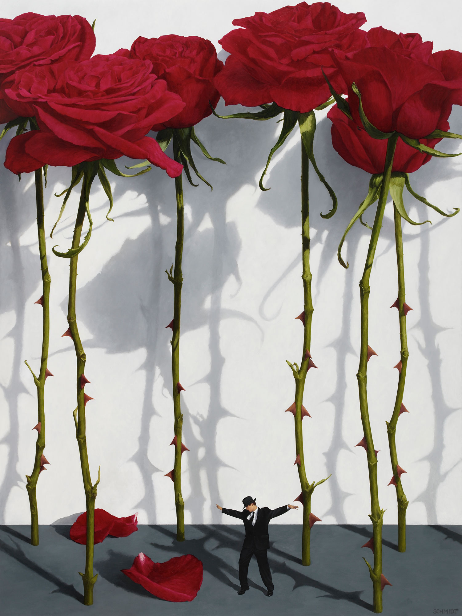 6 red roses standing, stems and thorns, shadow on white wall, red rose petals on floor, diminutive male figure dancing, wearing suit and fedora hat