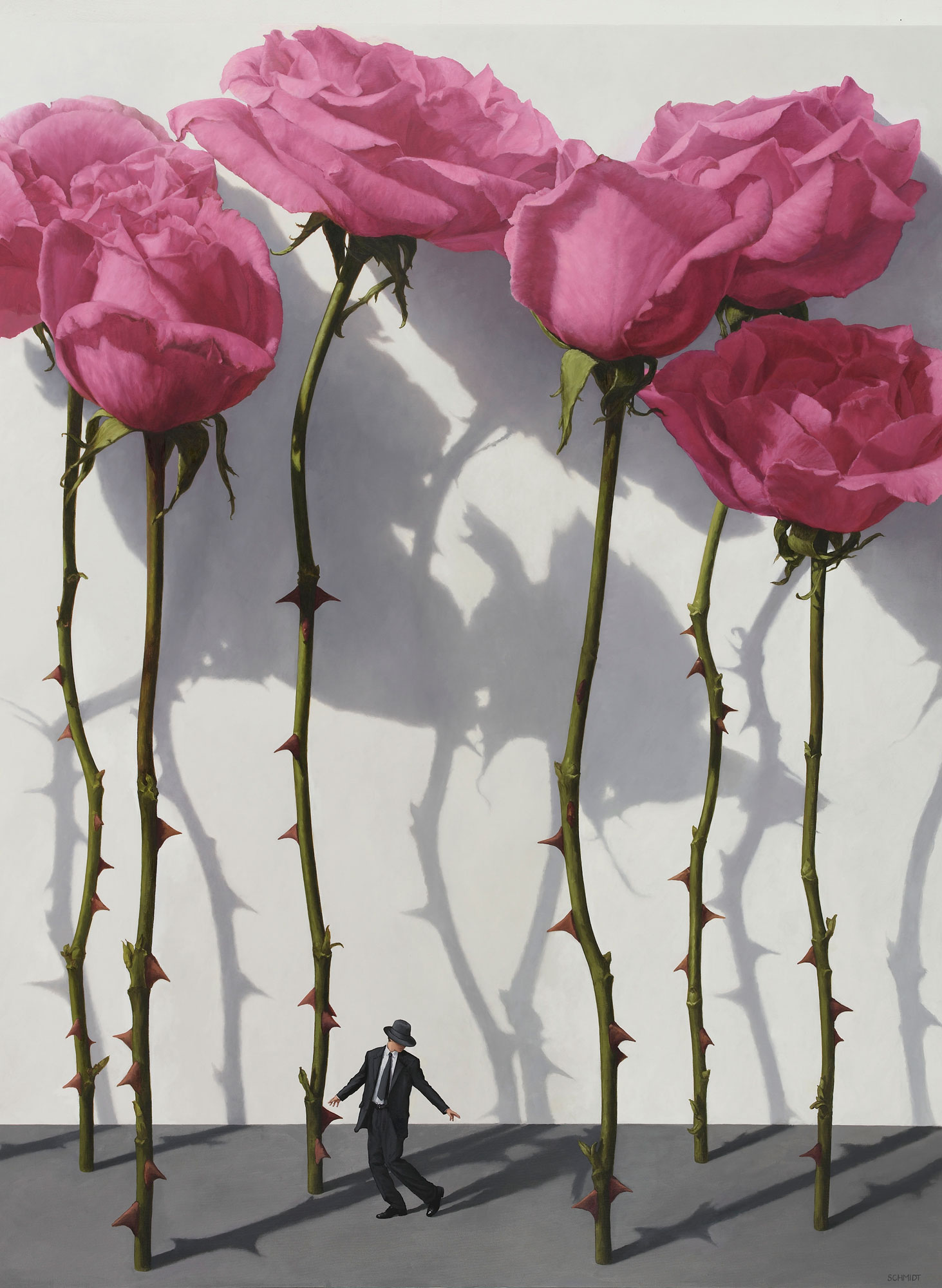 6 Pink roses standing, stems and thorns, shadow on white wall, male figure (Kenny) dancing 