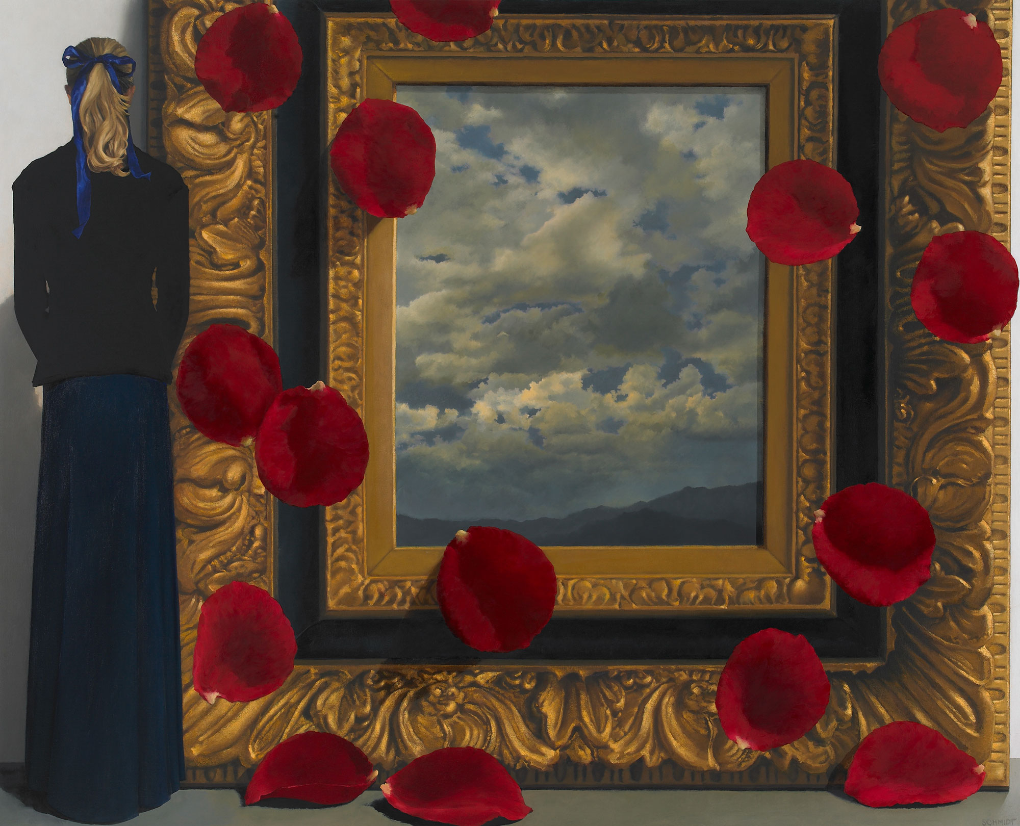 gold frame red rose petals falling stormy sky with figure facing the wall (Sophie)