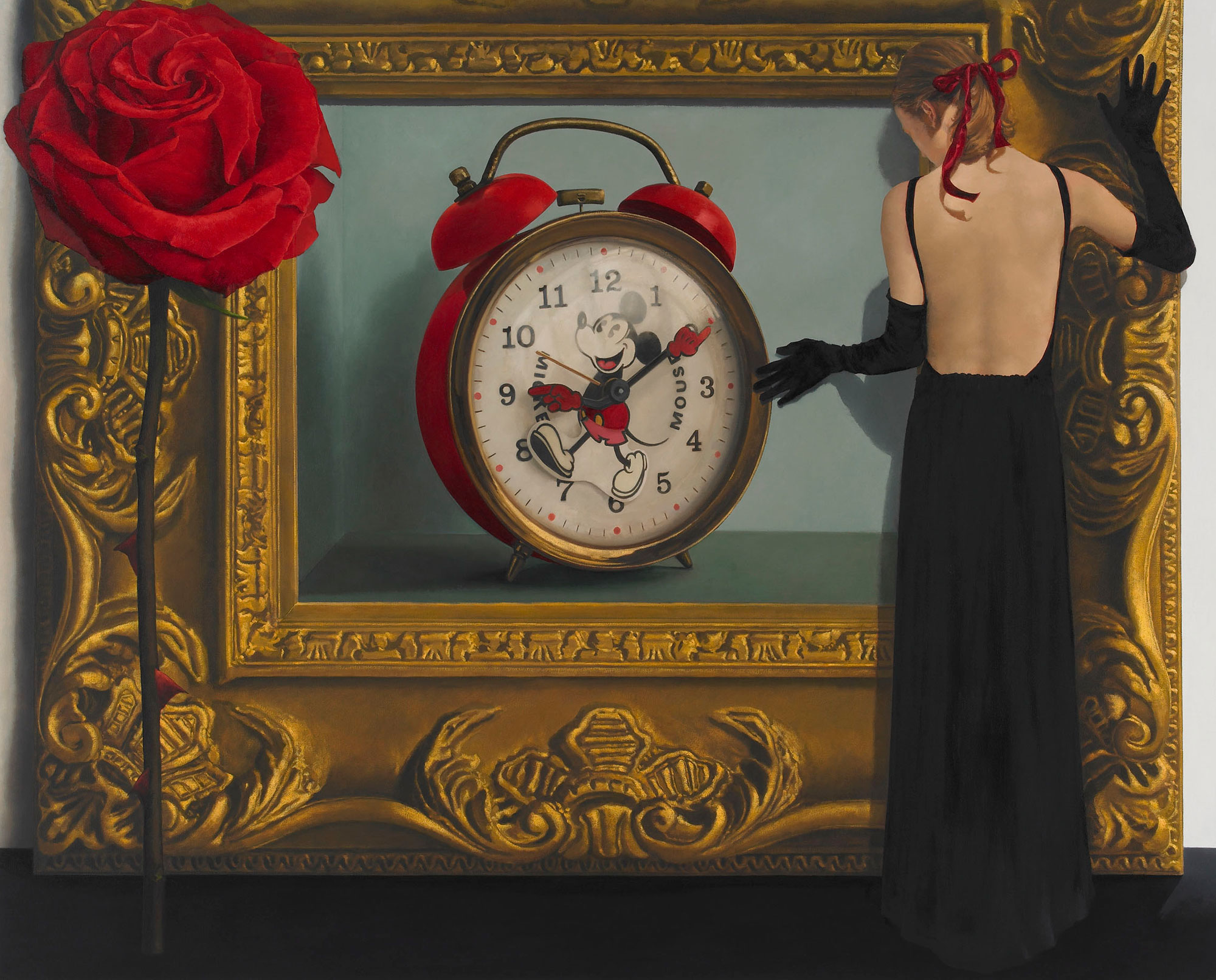 gold frame mickey mouse clock red rose figure leaning on frame (Samantha)