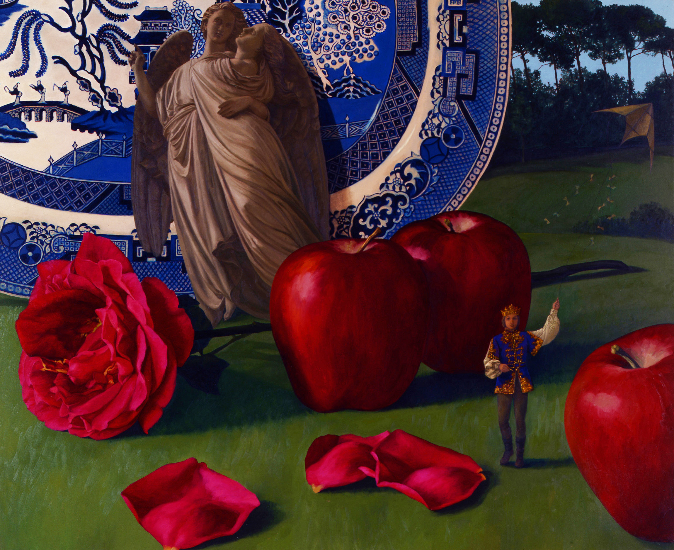 giant blue willow platter, red apples, a diminutive prince flying a kite, giant red rose and petals, trees, sculpture of angels