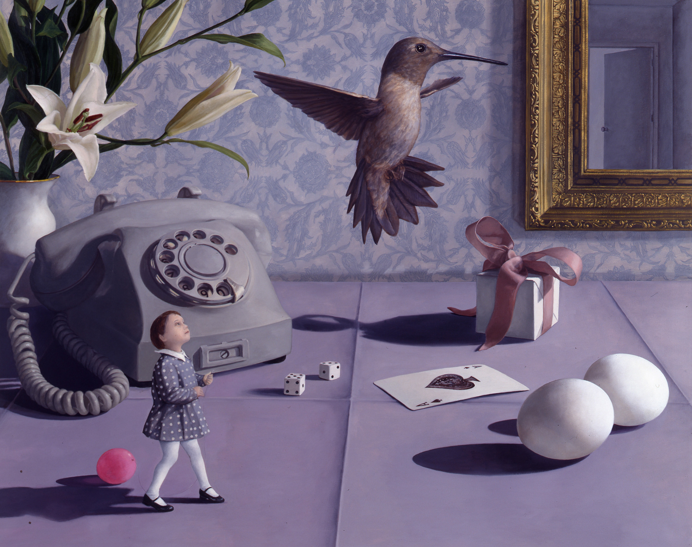 gray vintage telephone, hummingbird, a little girl with a balloon, wallpaper, vase holding lilies, eggs, the ace of spades, a gift with a pink bow