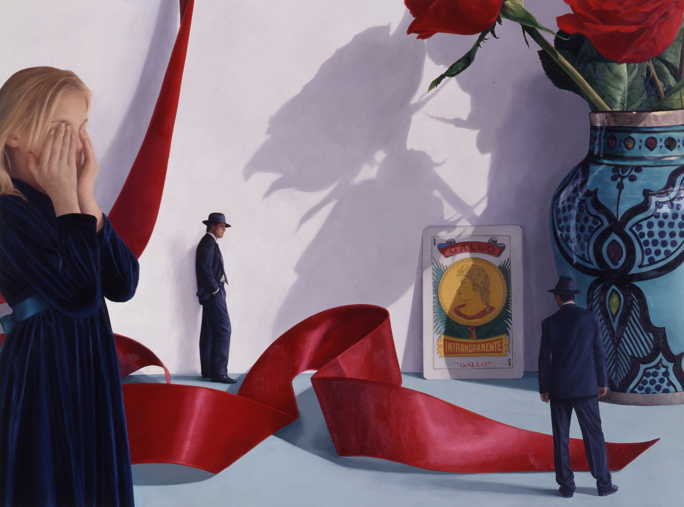 green and black vase, giant gallo playing card, red roses, little girl covering her eyes, diminutive male figures wearing suits and fedora hats, red satin ribbon, shadows on wall