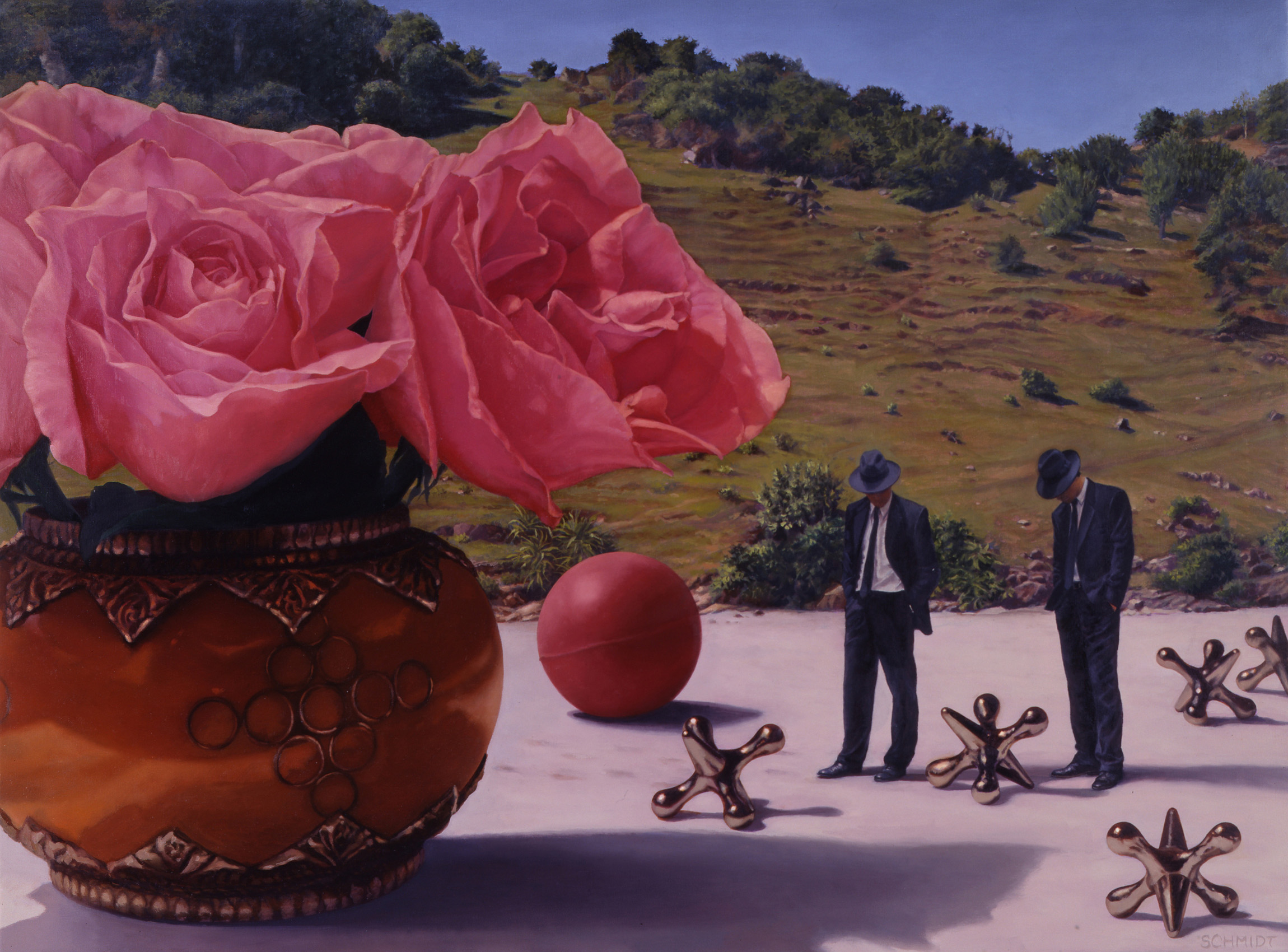 giant pink roses, moroccan amber vase, beach scene, giant jacks and ball, landscape, diminutive male figures wearing suits and fedora hats