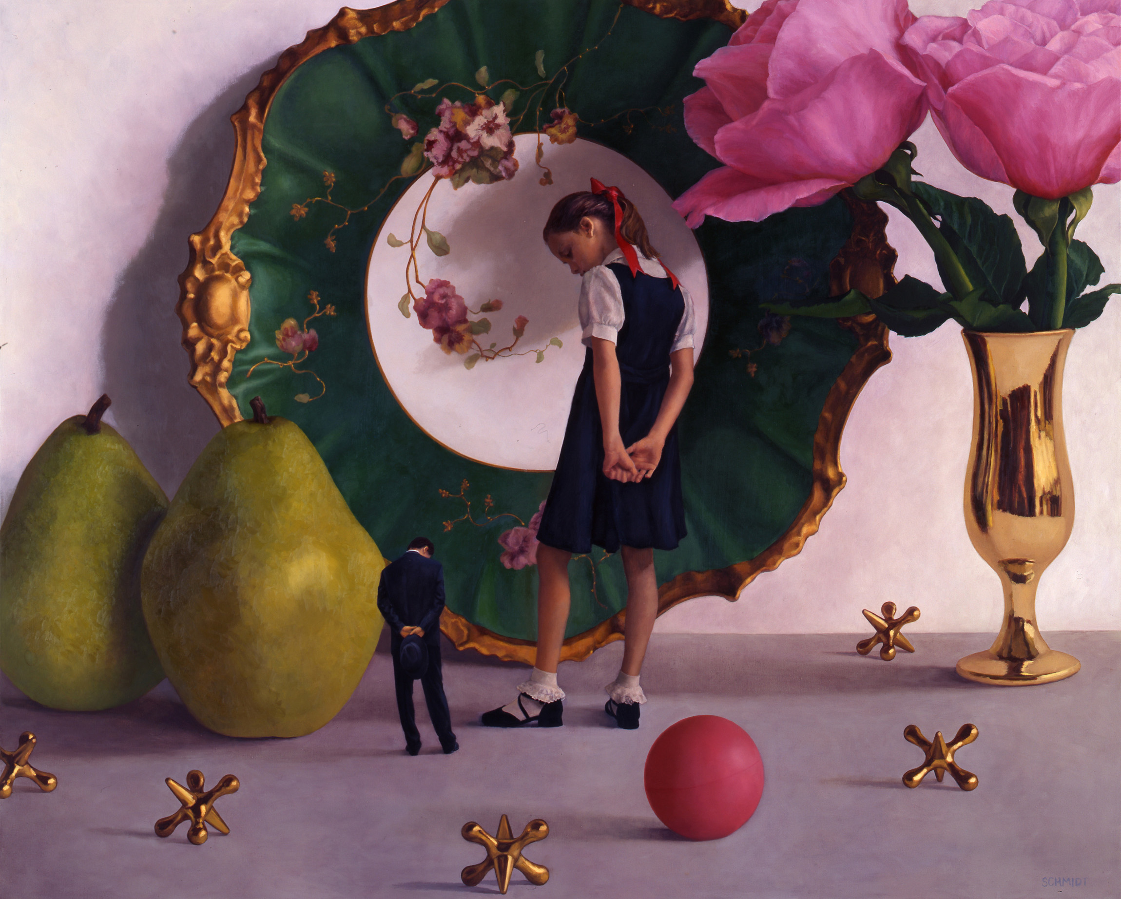 giant porcelain plate, pink ,green and gold, little girl, diminutive male figure wearing suit, holding fedora hat in hand, giant gold pears, gold vase with pink roses, gold jacks and ball