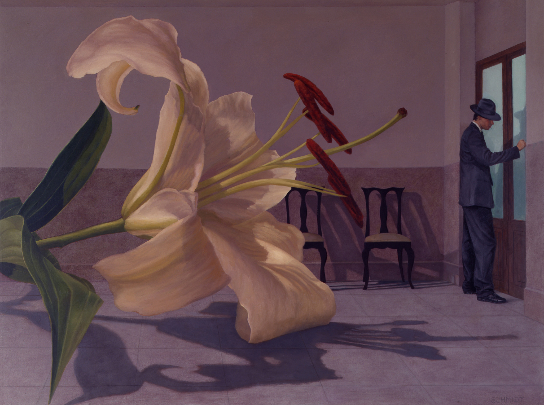 giant casablanca flower, diminutive male figure wearing suit and fedora hat, knocking on a door