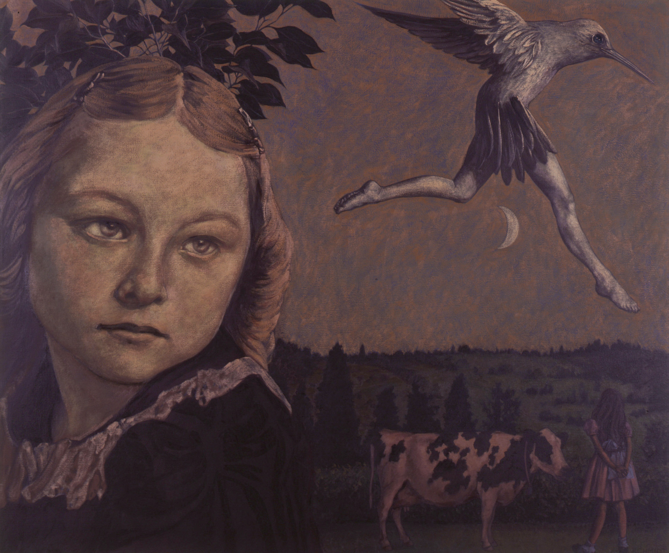 little girls, cow, half human half bird jumping over the moon, landscape