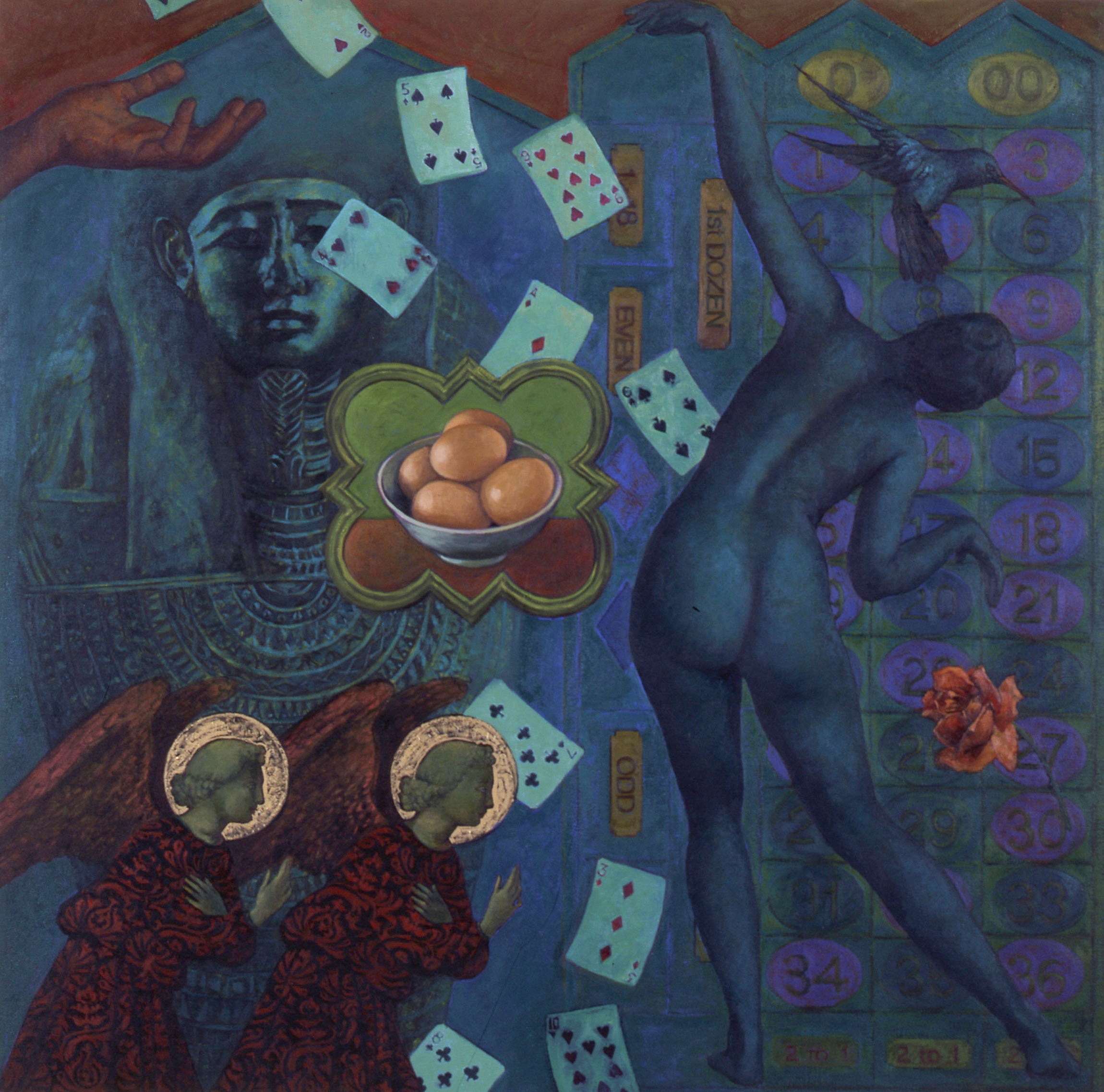 nude figure dancing, angels, playing cards falling, hummingbird, rose, Egyptian statue, eggs