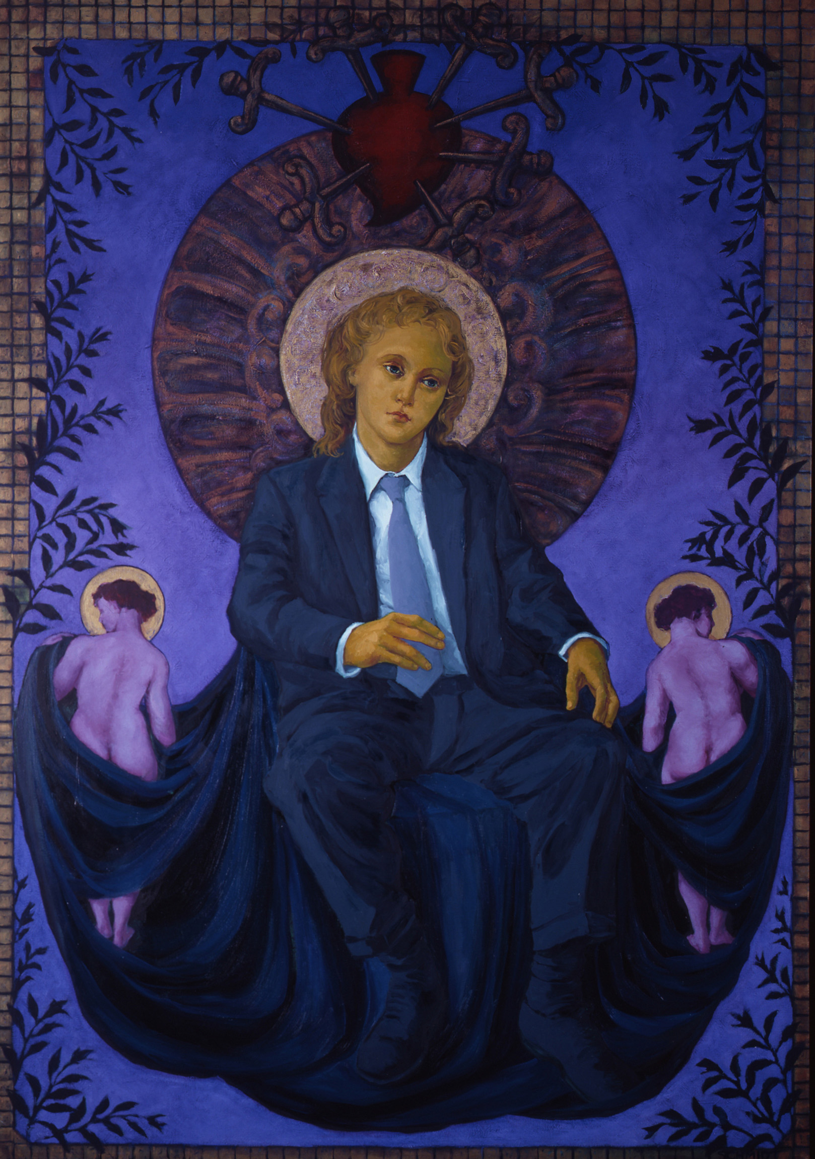 female 'god' dressed in a suit, sitting on a throne, halo, illuminated manuscript, angels, mosaic