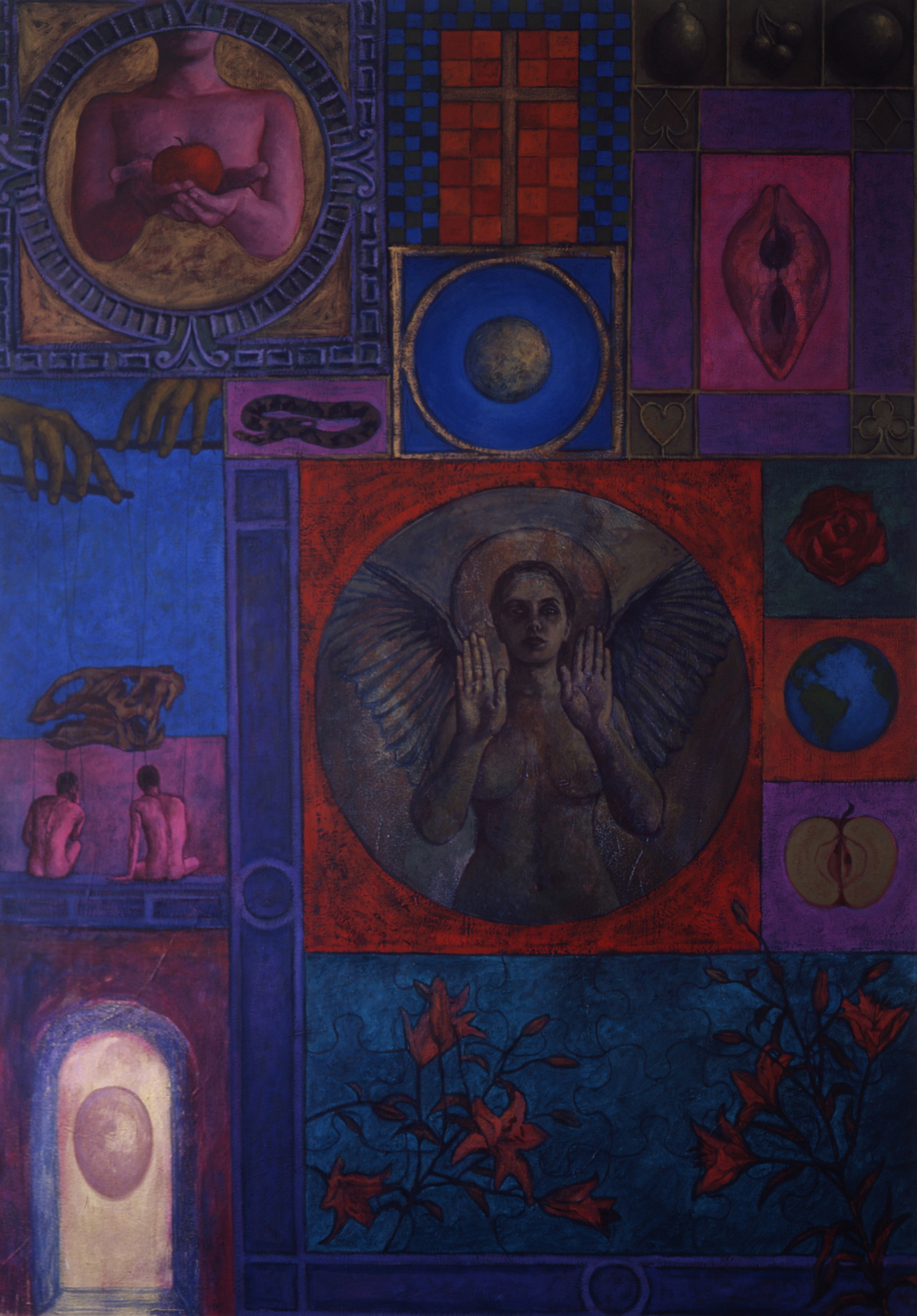 symbols of the goddess, egg, shell, world, apple, rose, snake, nurture, lilies, an angel indicating 'stop the madness', illuminated manuscript inspiration