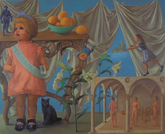 giant doll, running little girl, spinning wheel, pumpkin, humpty dumpty, eggs in a bowl, knight in shining armor, castle