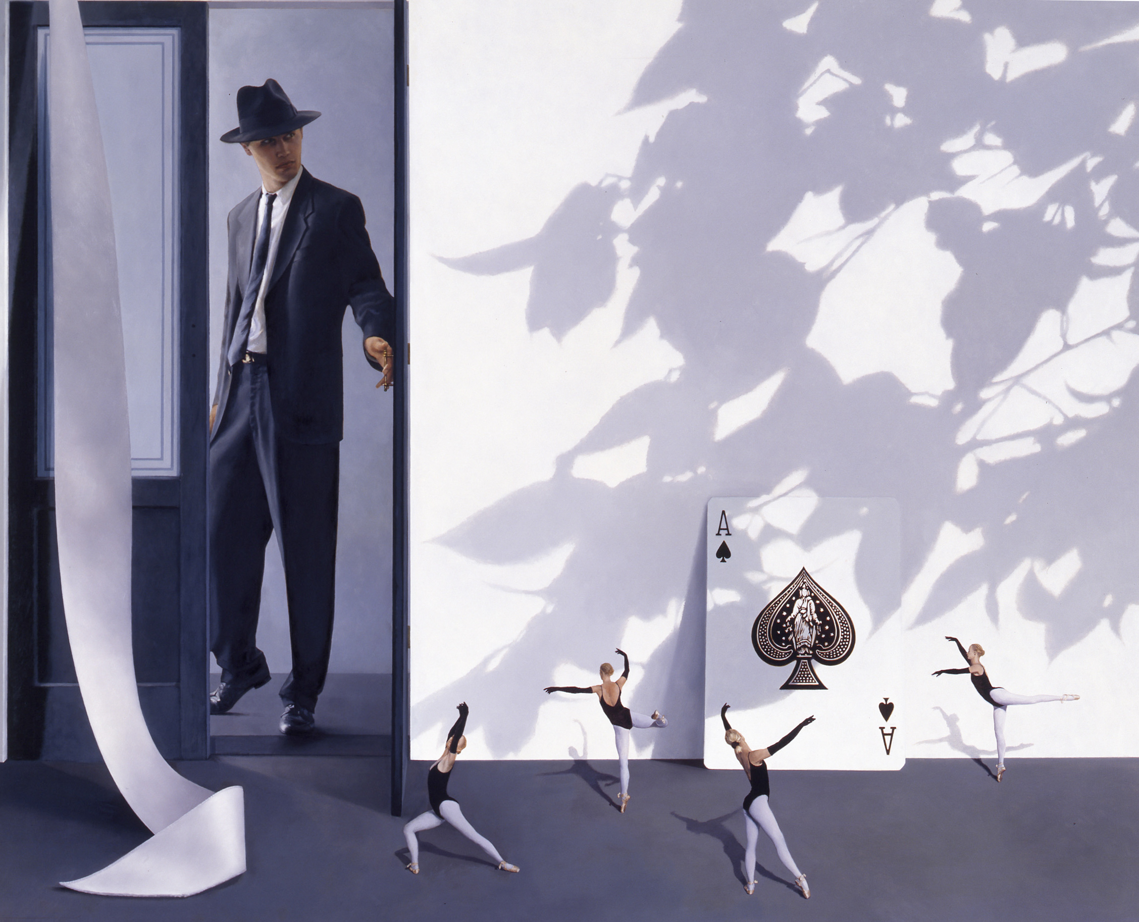 white wall with shadows, male figure wearing suit and fedora hat standing in doorway, shadows on white wall, diminutive ballet dancers, ribbon, giant Ace of Spades playing card leaning on wall