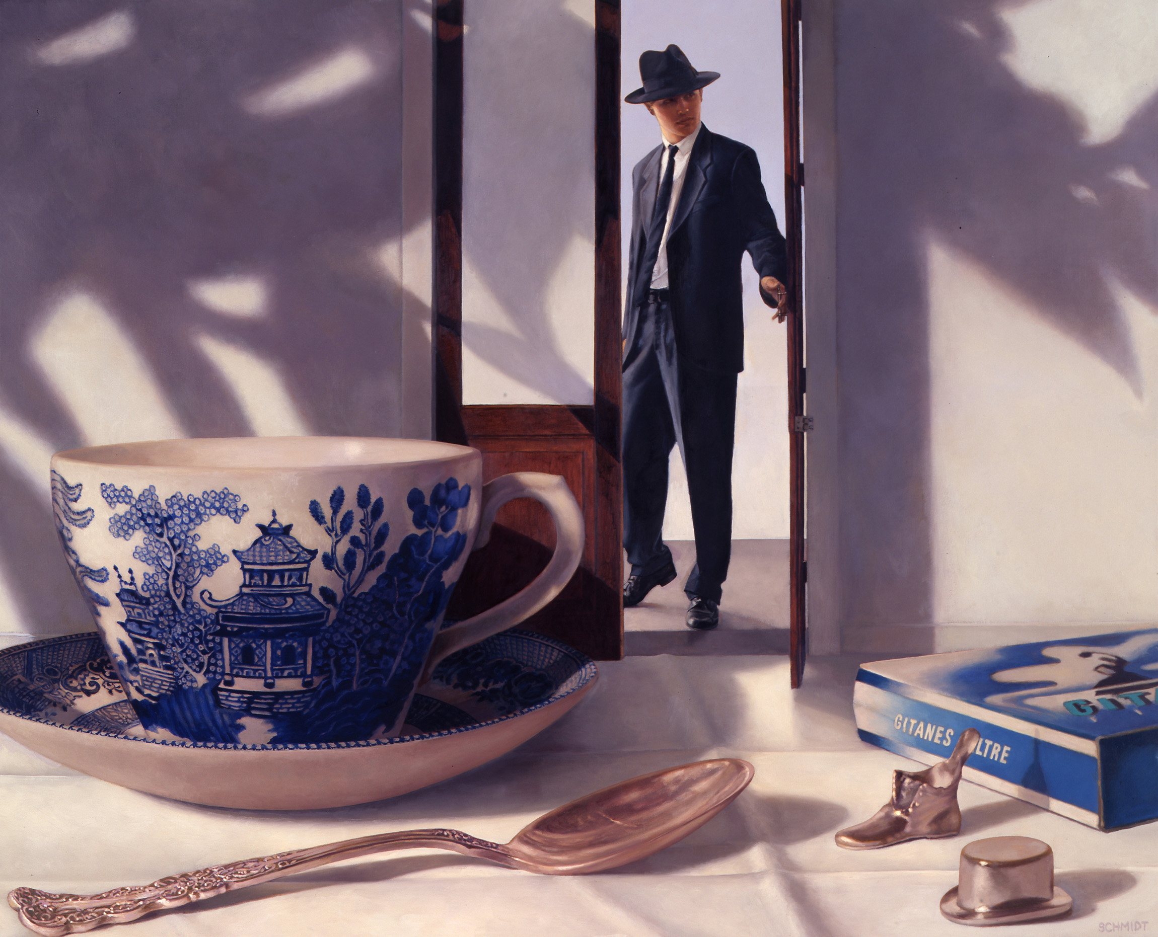 Giant blue willow pattern tea cup, male figure wearing suit and fedora hat (Patricio) standing in a doorway, giant Gitanes cigarette pack, giant antique silver spoon, monopoly metal playing pieces, shoe and hat