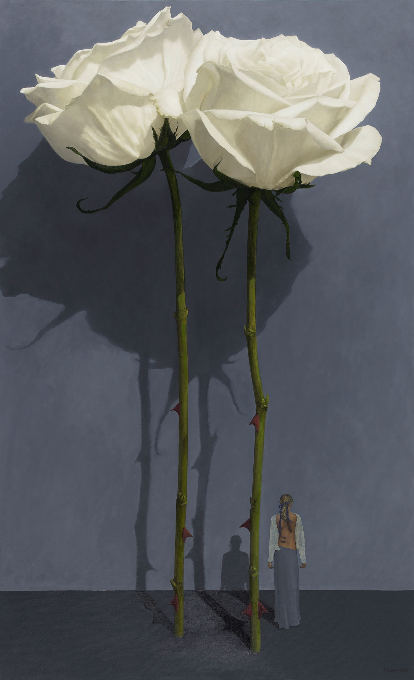 2 white roses stems and thorns, dark background, shadows on wall, diminutive female figure with arms at her side (Sophie)